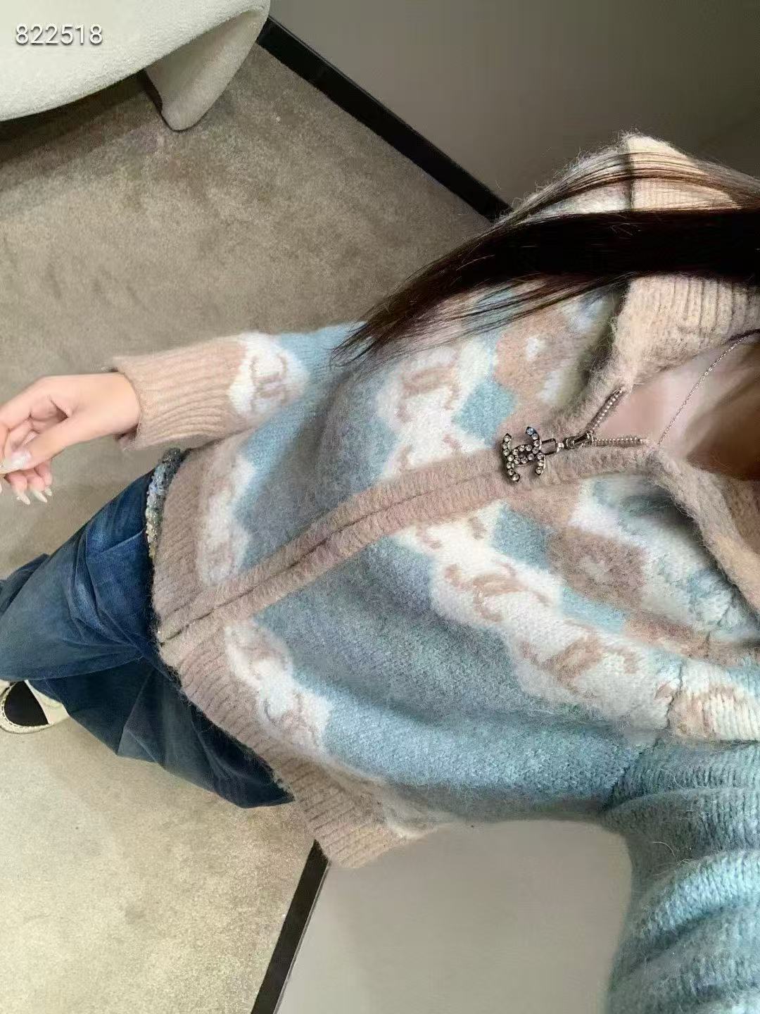 CHANE1 ダブルC カラーブロック ジップアップ カーディガン【50％割引+送料無料】