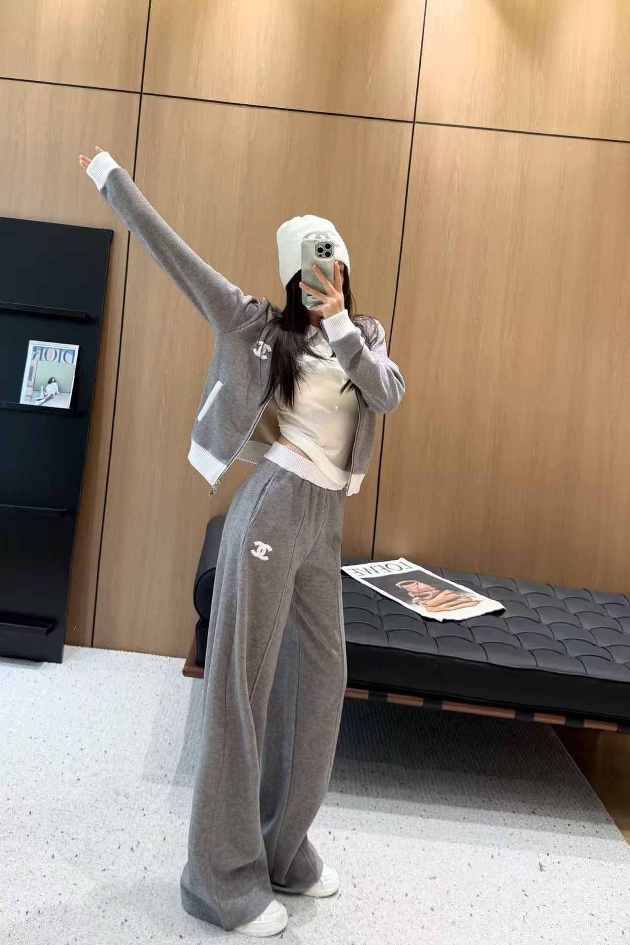 CHANE1 ダブルC スタンドカラージャケット+トラウザーズ ツーピースセット【50％割引+送料無料】