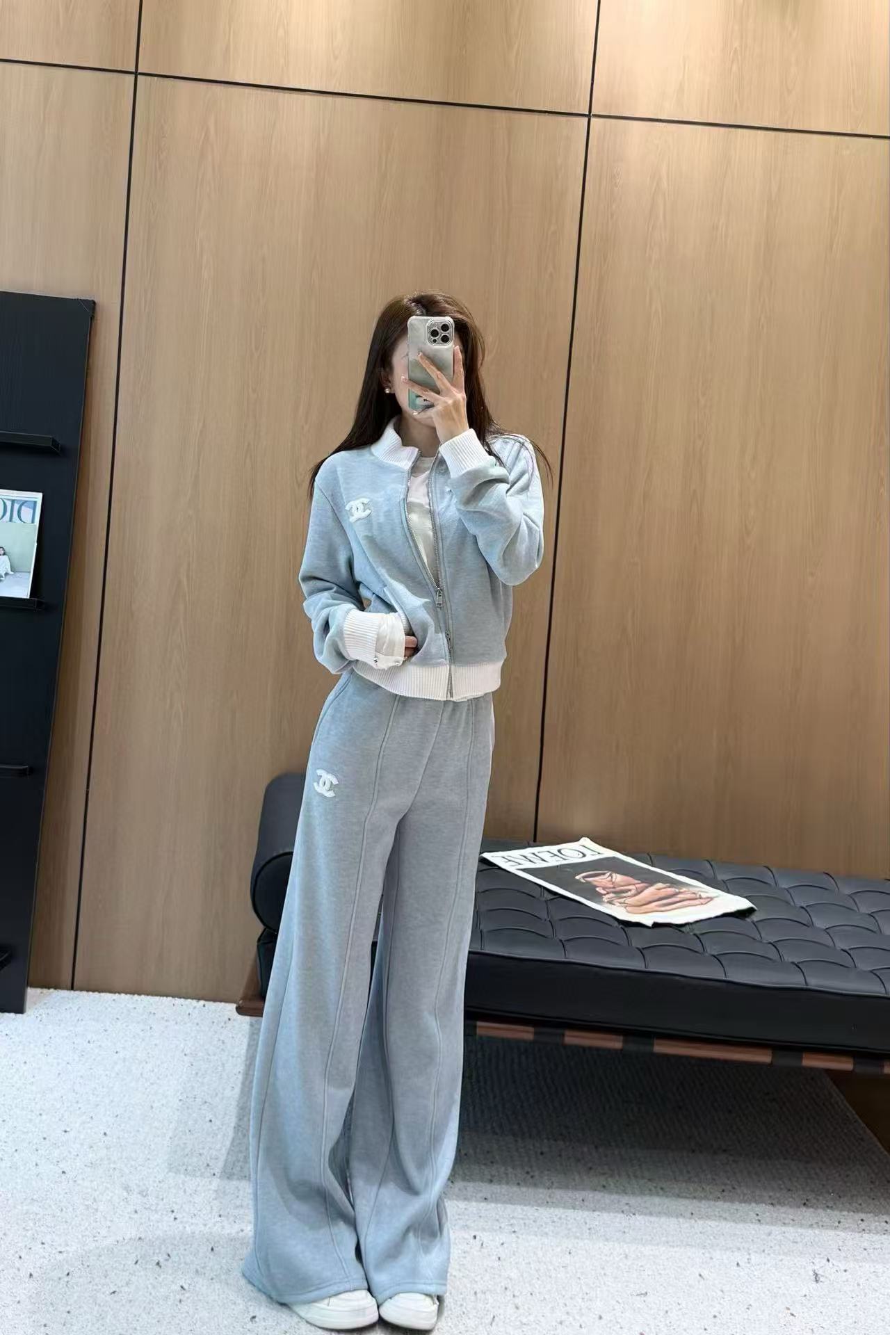 CHANE1 ダブルC スタンドカラージャケット+トラウザーズ ツーピースセット【50％割引+送料無料】