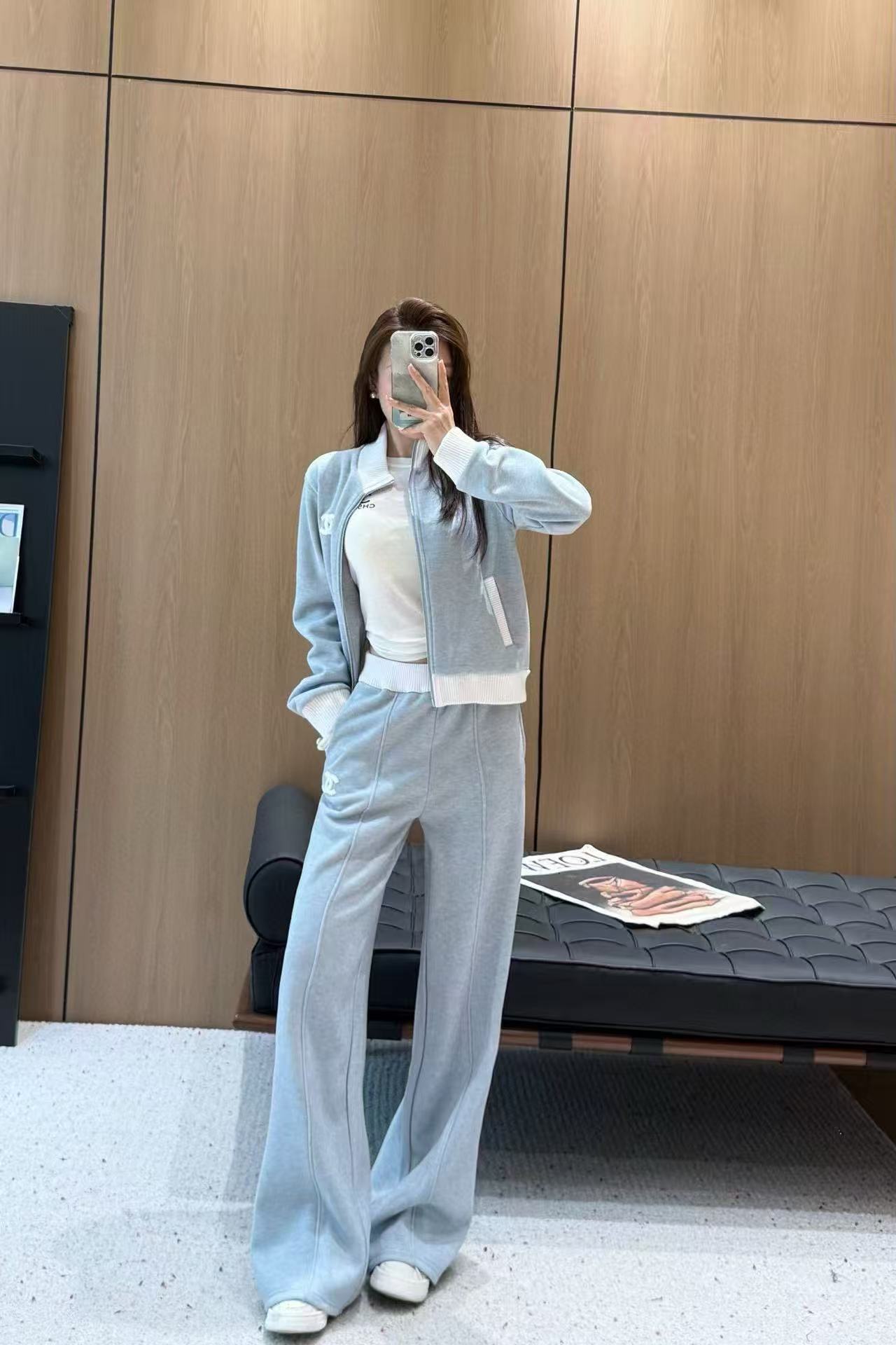 CHANE1 ダブルC スタンドカラージャケット+トラウザーズ ツーピースセット【50％割引+送料無料】