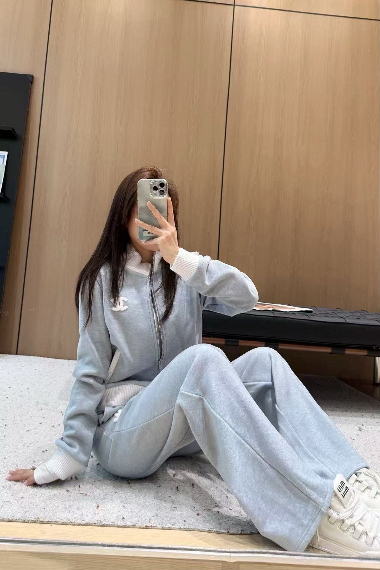 CHANE1 ダブルC スタンドカラージャケット+トラウザーズ ツーピースセット【50％割引+送料無料】