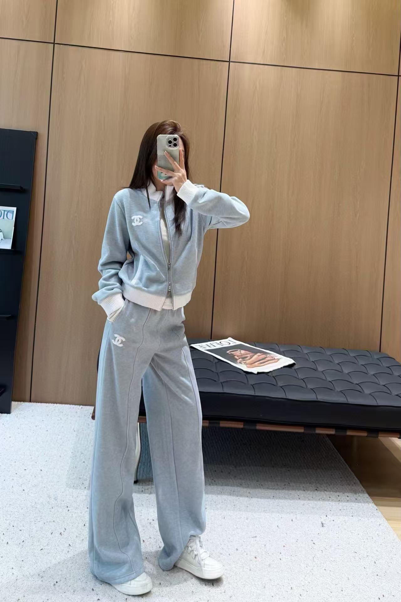 CHANE1 ダブルC スタンドカラージャケット+トラウザーズ ツーピースセット【50％割引+送料無料】