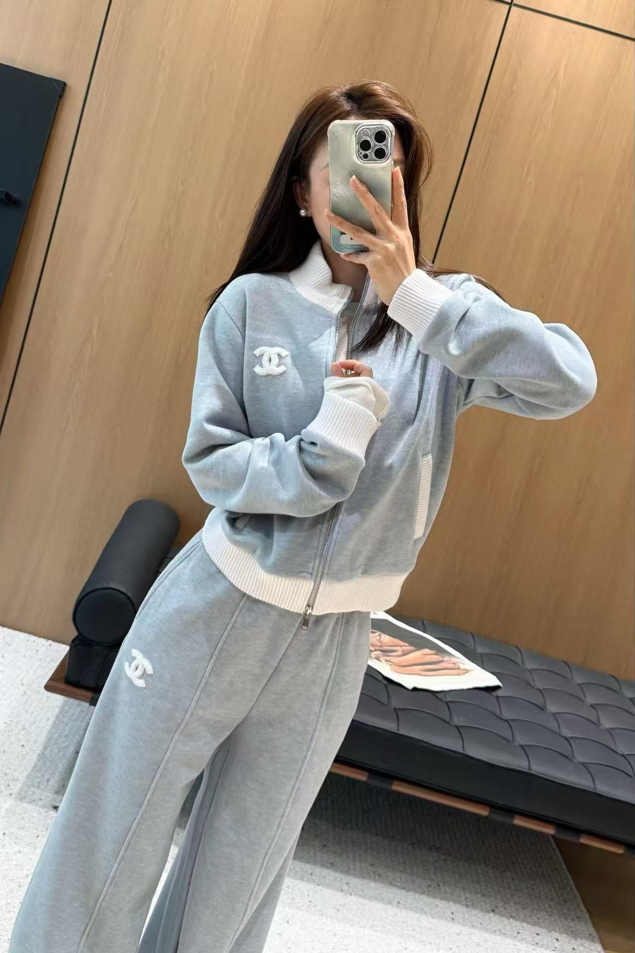 CHANE1 ダブルC スタンドカラージャケット+トラウザーズ ツーピースセット【50％割引+送料無料】