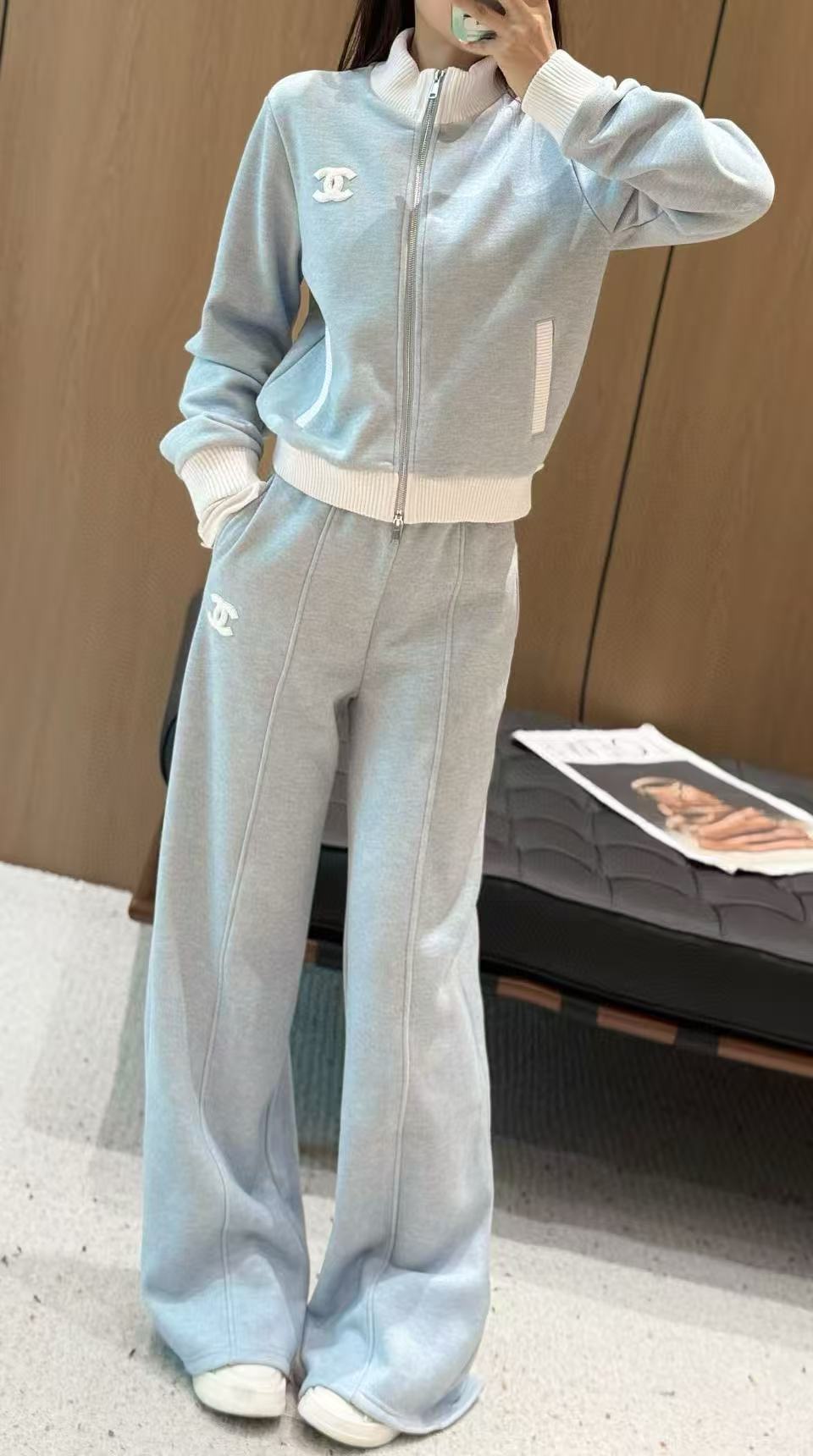 CHANE1 ダブルC スタンドカラージャケット+トラウザーズ ツーピースセット【50％割引+送料無料】