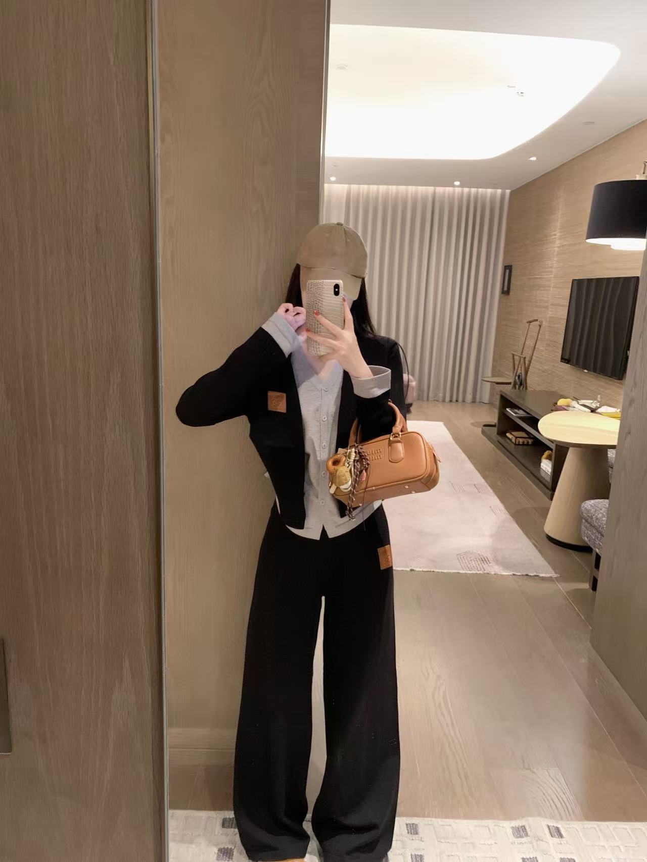 L0WEW ウール カラーブロック Vネック カーディガンとパンツのツーピースセット【50％割引+送料無料】