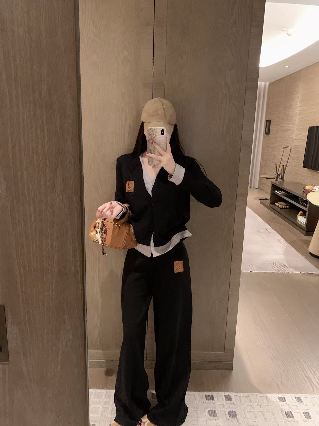 L0WEW ウール カラーブロック Vネック カーディガンとパンツのツーピースセット【50％割引+送料無料】