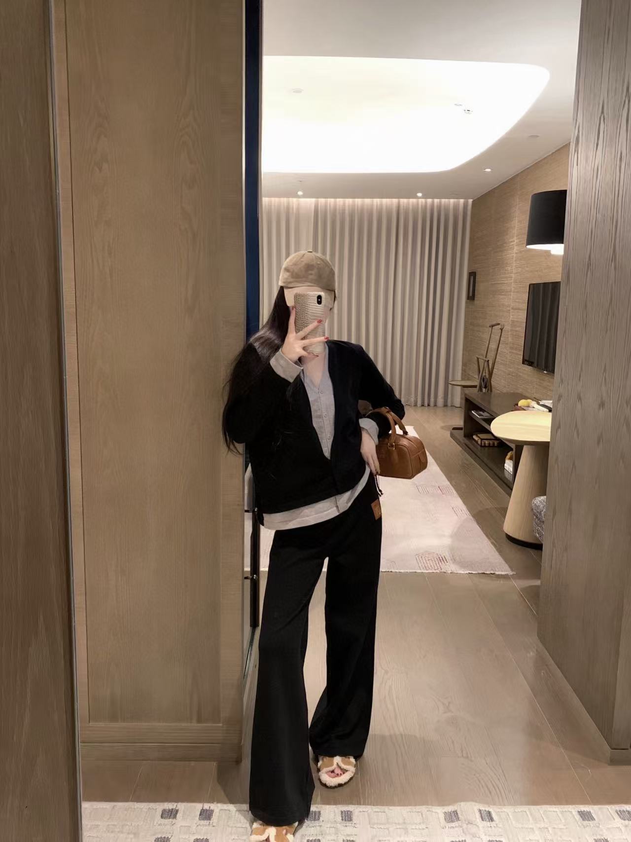 L0WEW ウール カラーブロック Vネック カーディガンとパンツのツーピースセット【50％割引+送料無料】