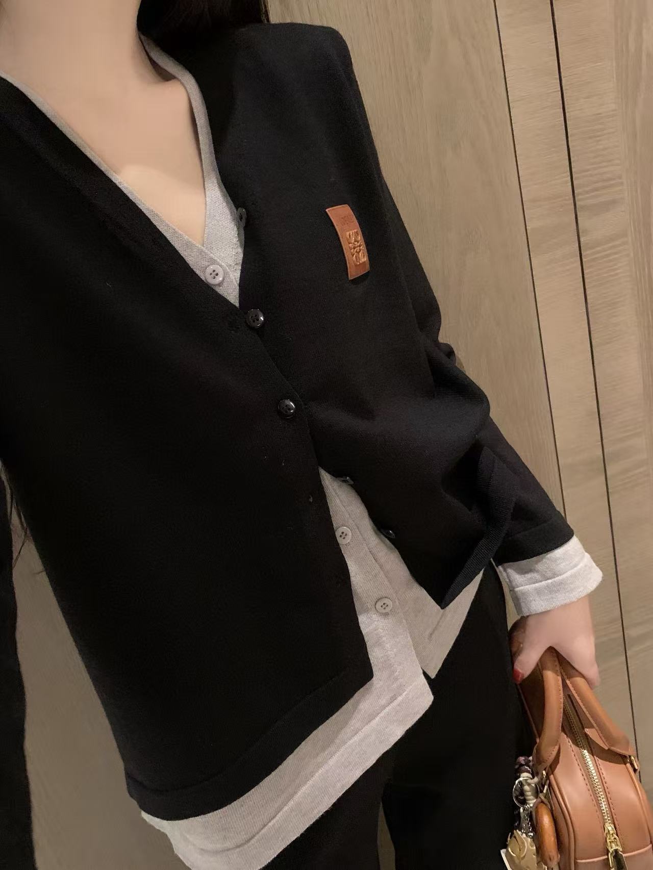 L0WEW ウール カラーブロック Vネック カーディガンとパンツのツーピースセット【50％割引+送料無料】