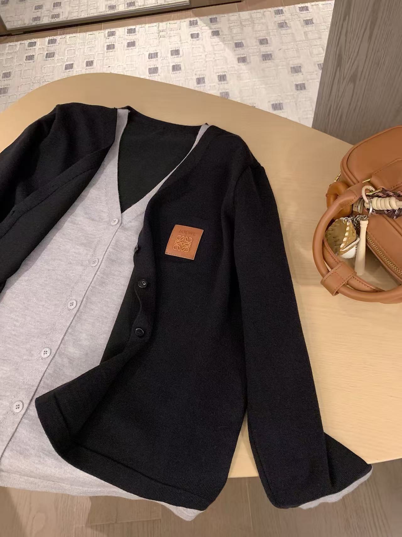 L0WEW ウール カラーブロック Vネック カーディガンとパンツのツーピースセット【50％割引+送料無料】