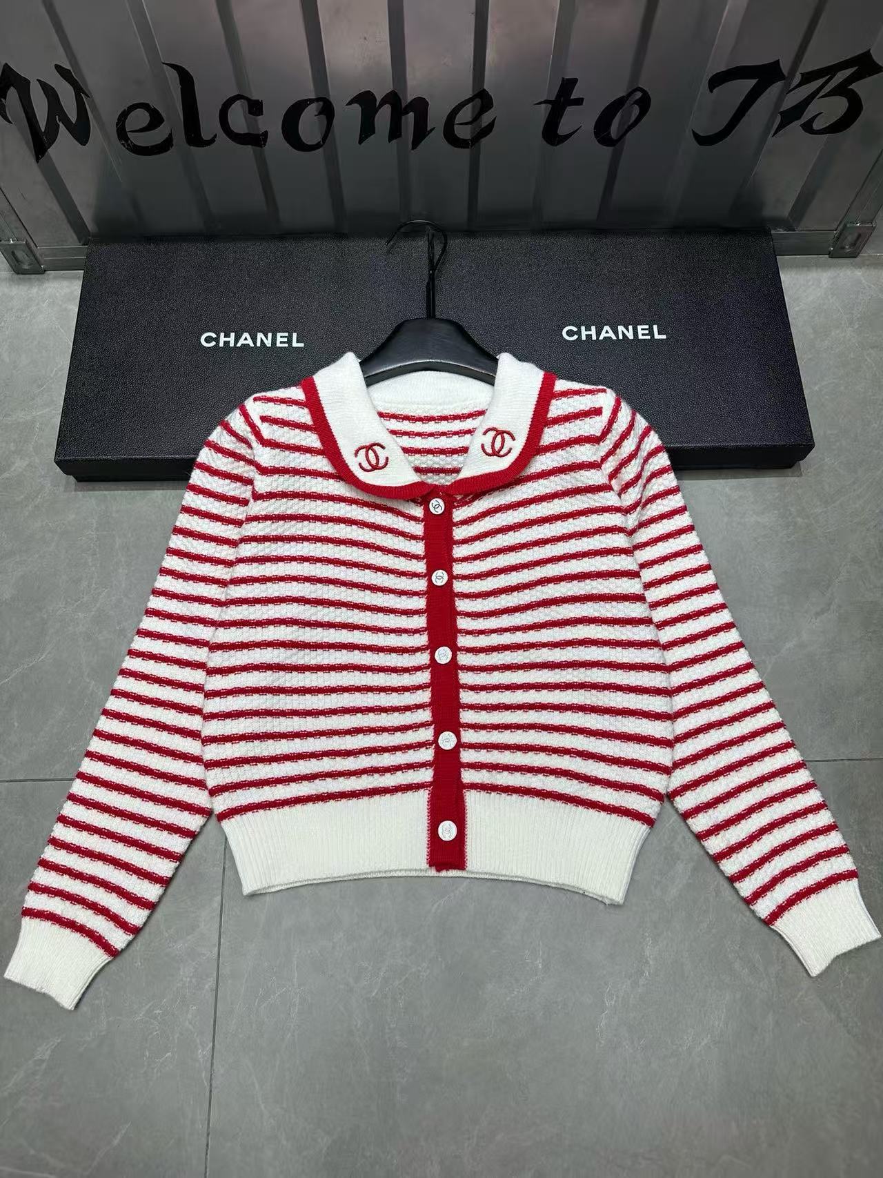 CHANE1 襟付きストライプウールカーディガン【50％割引+送料無料】