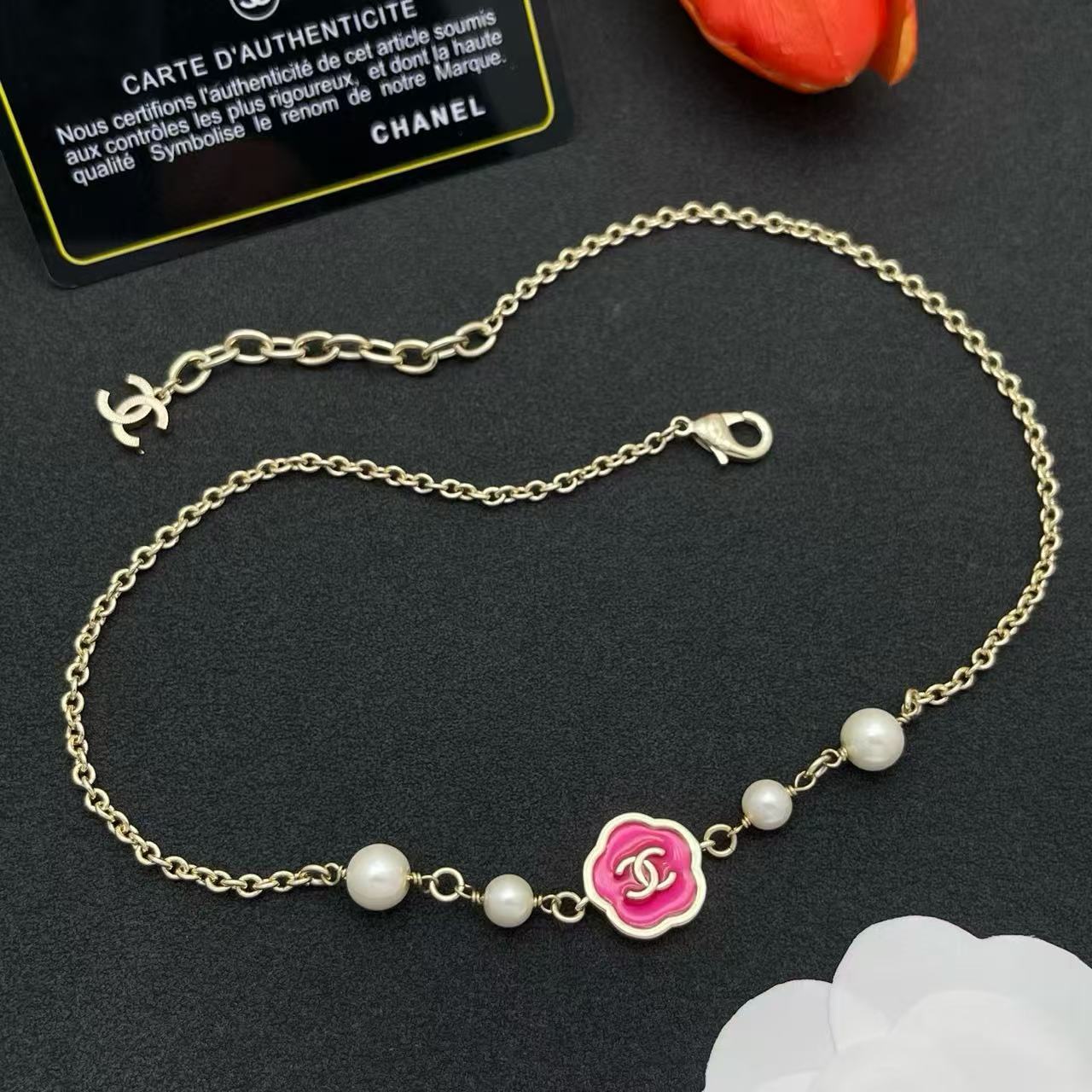 CHANE1 ピンク ダブルC パールネックレス【50％割引+送料無料】