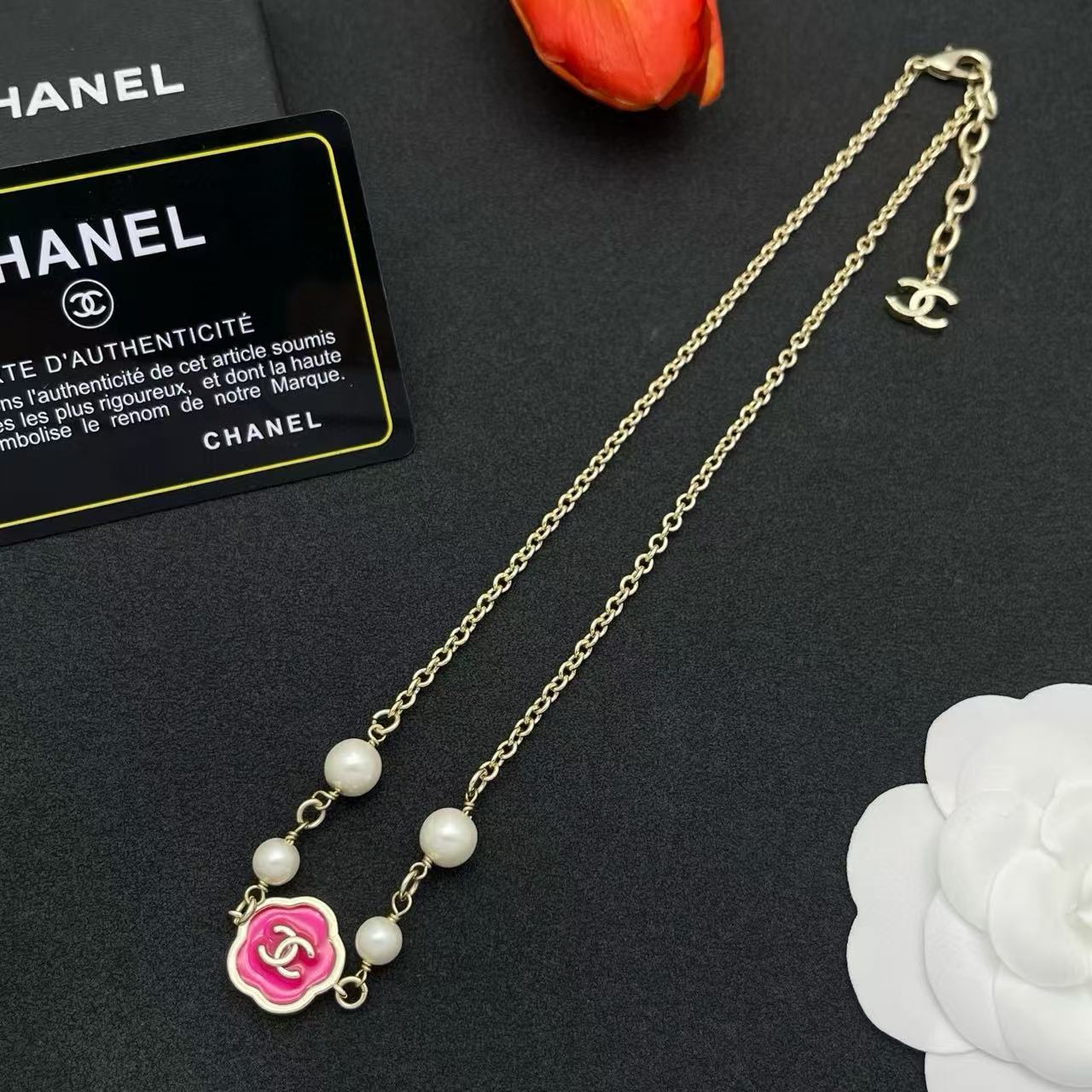 CHANE1 ピンク ダブルC パールネックレス【50％割引+送料無料】