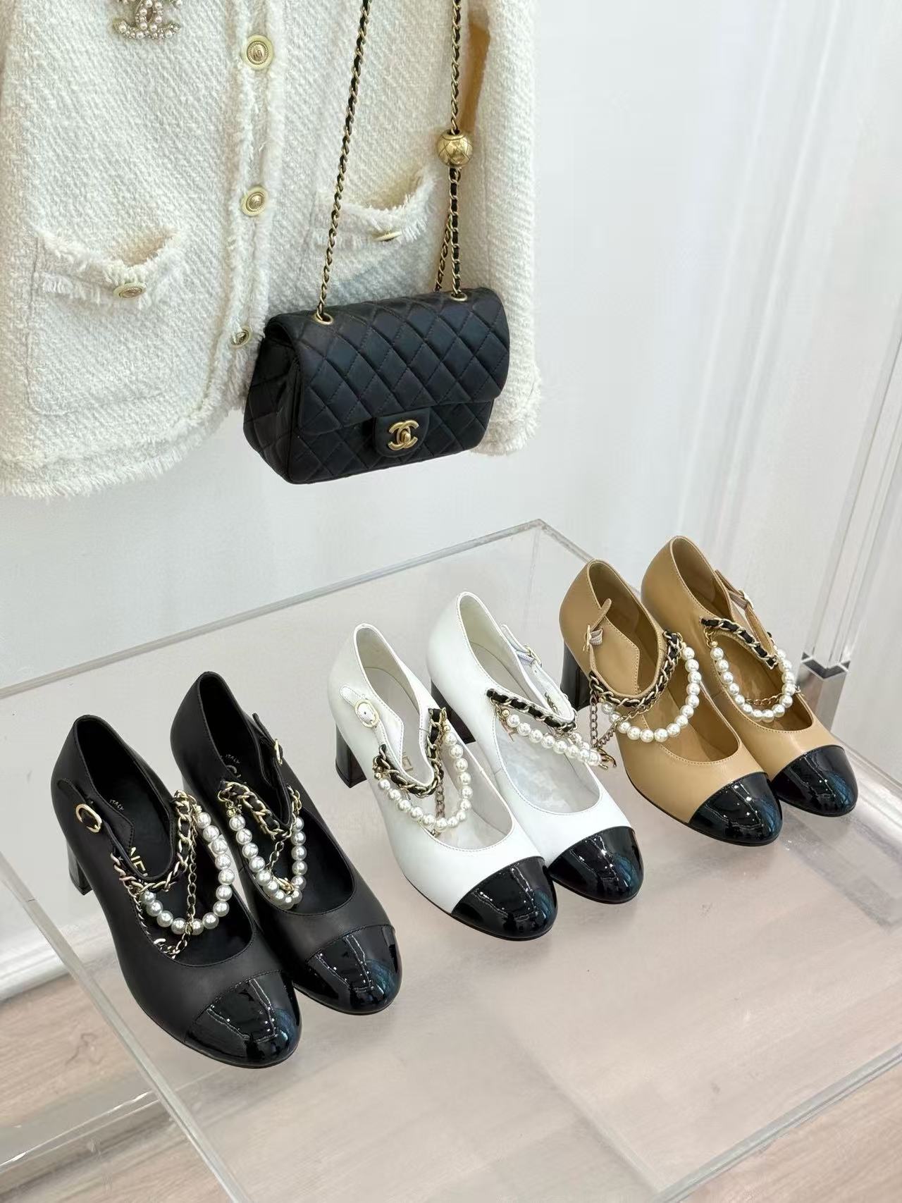 CHANE1 高品質パールチェーン ダブルC ローヒールシューズ【50％割引+送料無料】