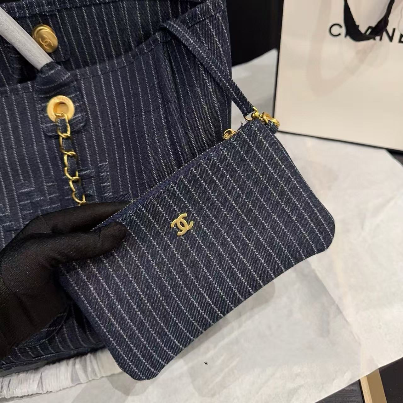 CHANE1 デニムチェーンビーチバッグ【50％割引+送料無料】