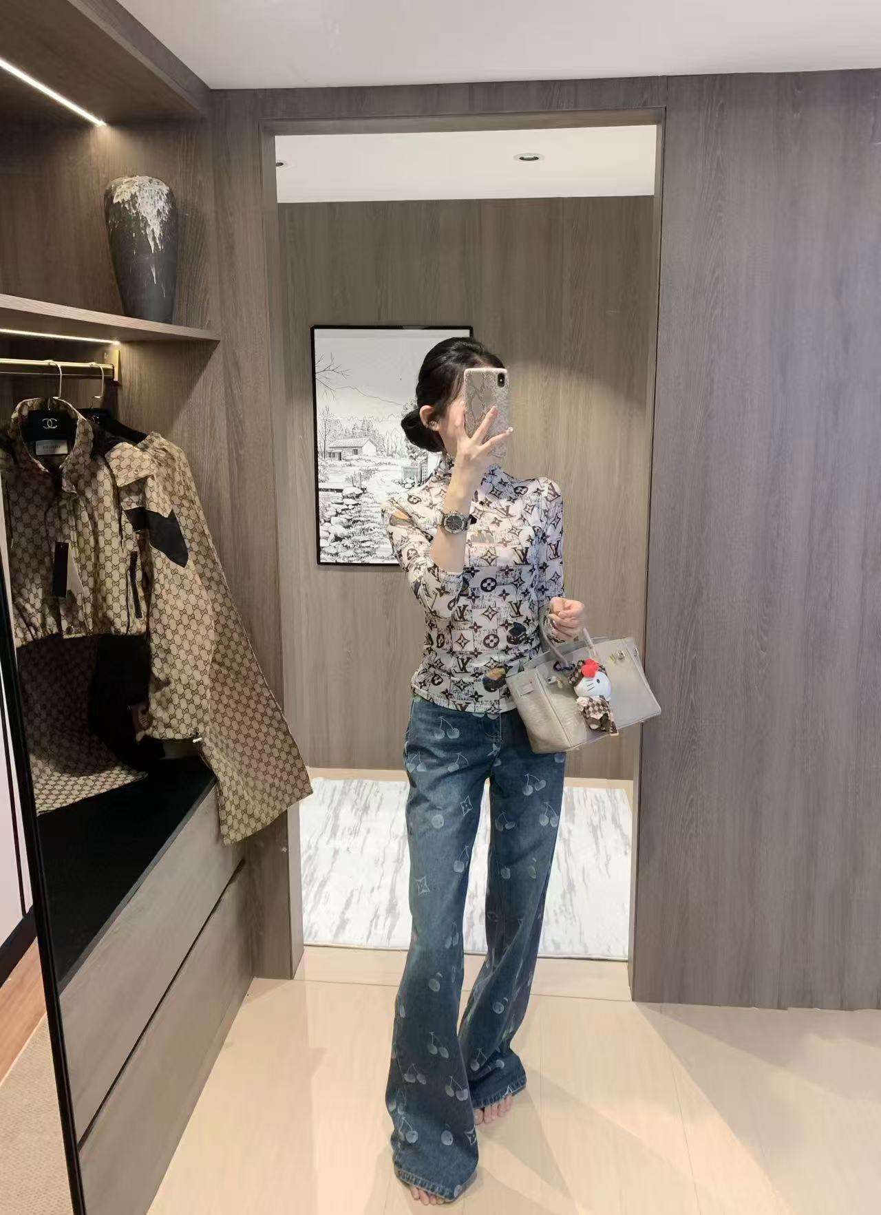 LVプリントメッシュトップ+ジーンズのツーピースセット【50％割引+送料無料】