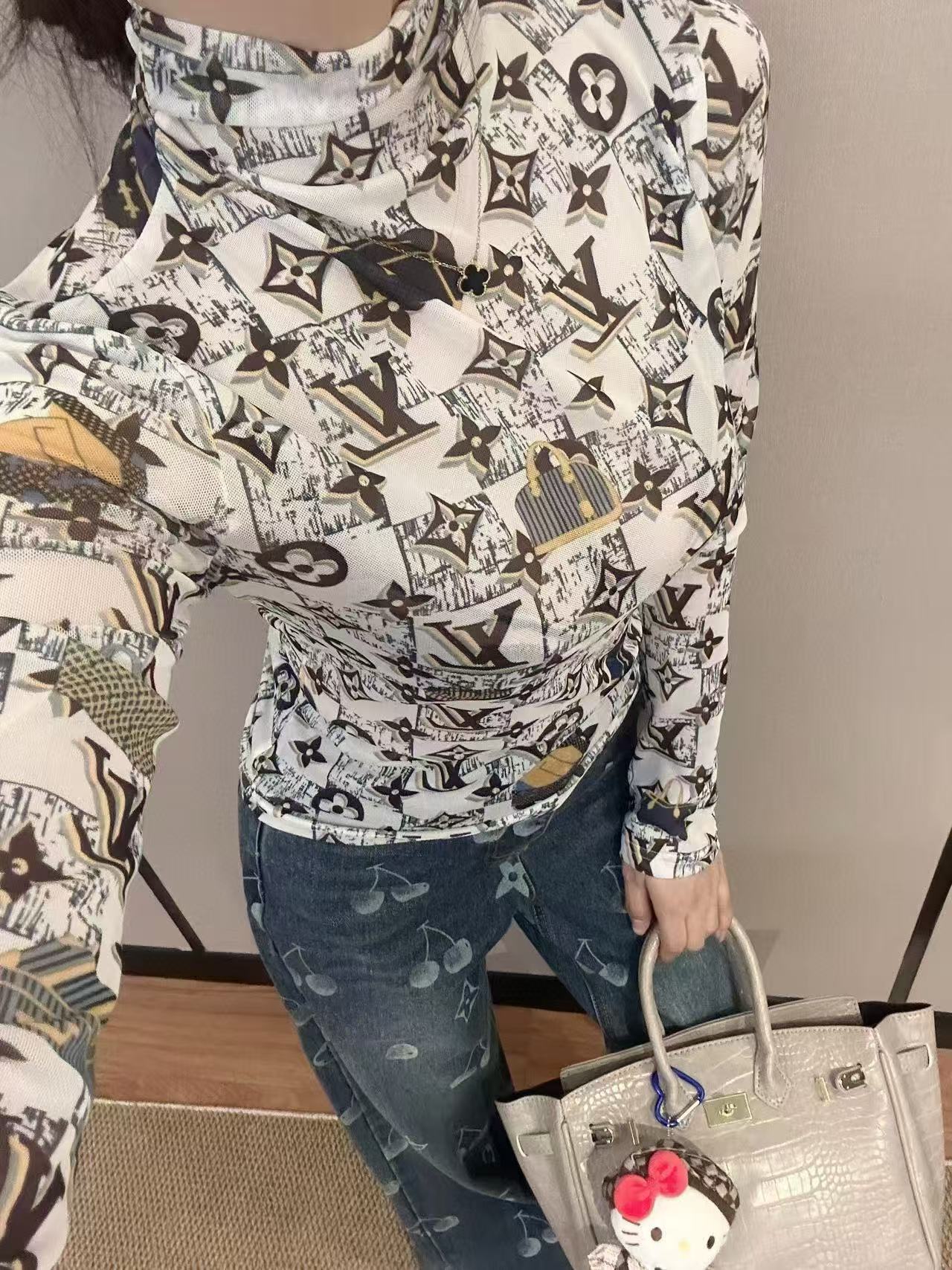 LVプリントメッシュトップ+ジーンズのツーピースセット【50％割引+送料無料】