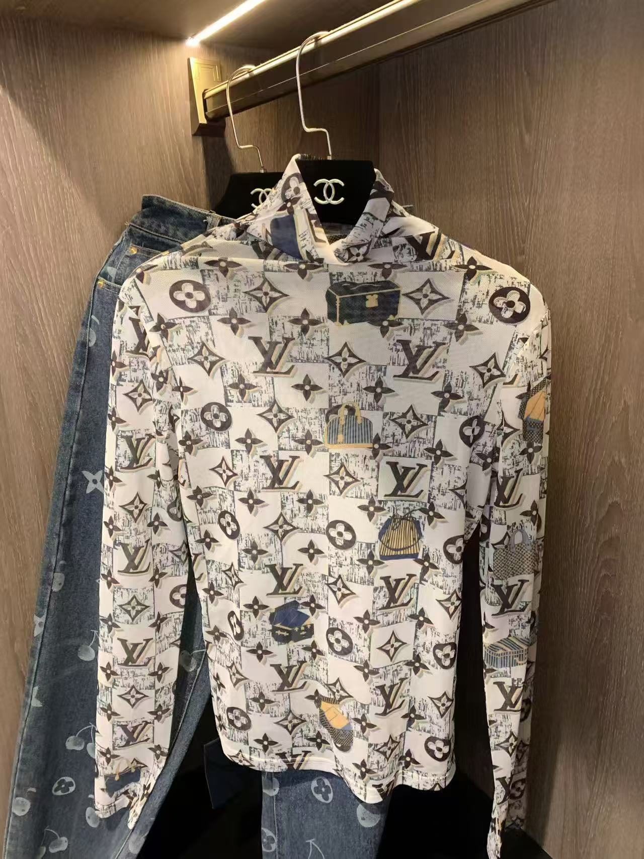 LVプリントメッシュトップ+ジーンズのツーピースセット【50％割引+送料無料】