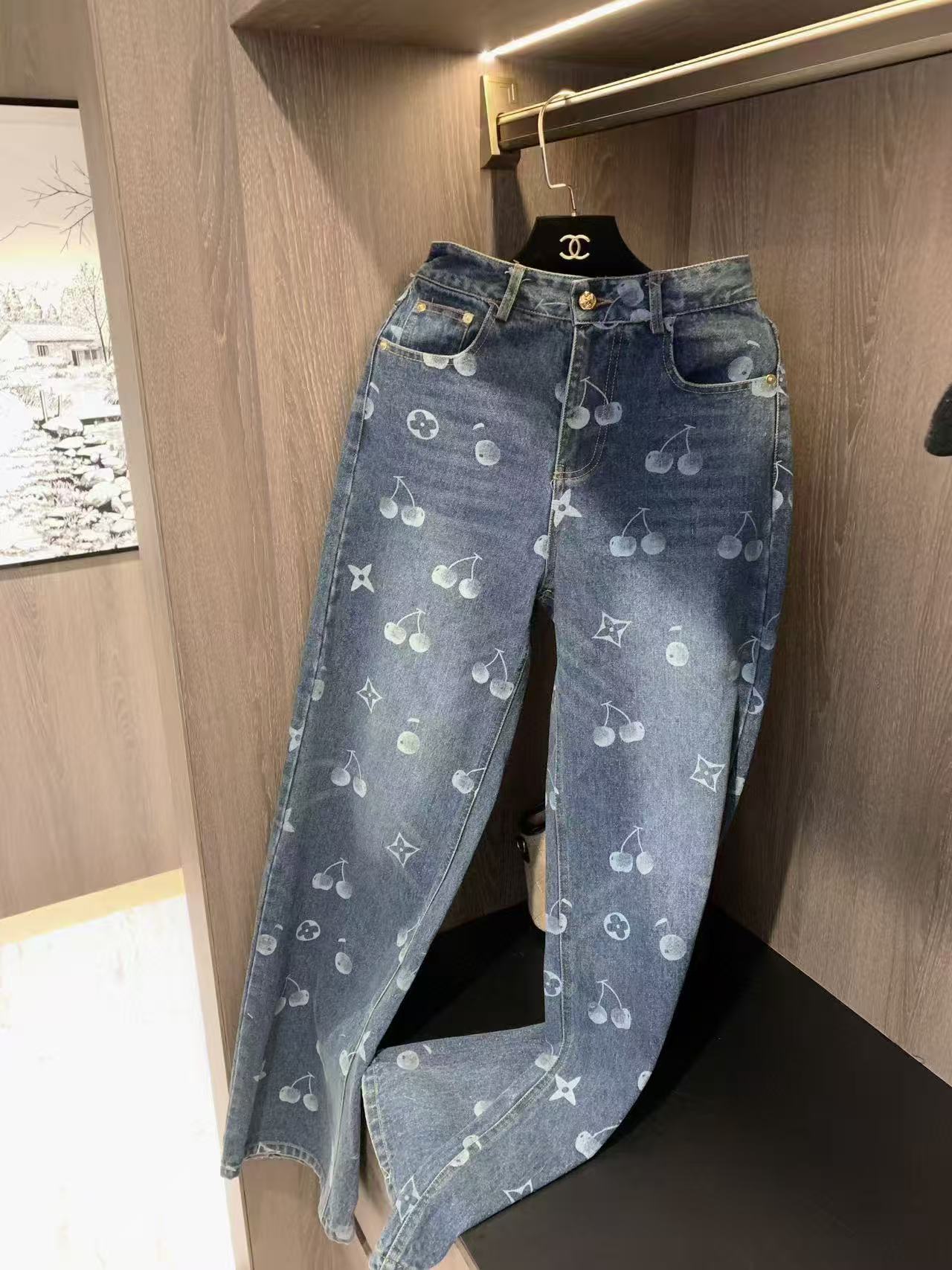 LVプリントメッシュトップ+ジーンズのツーピースセット【50％割引+送料無料】