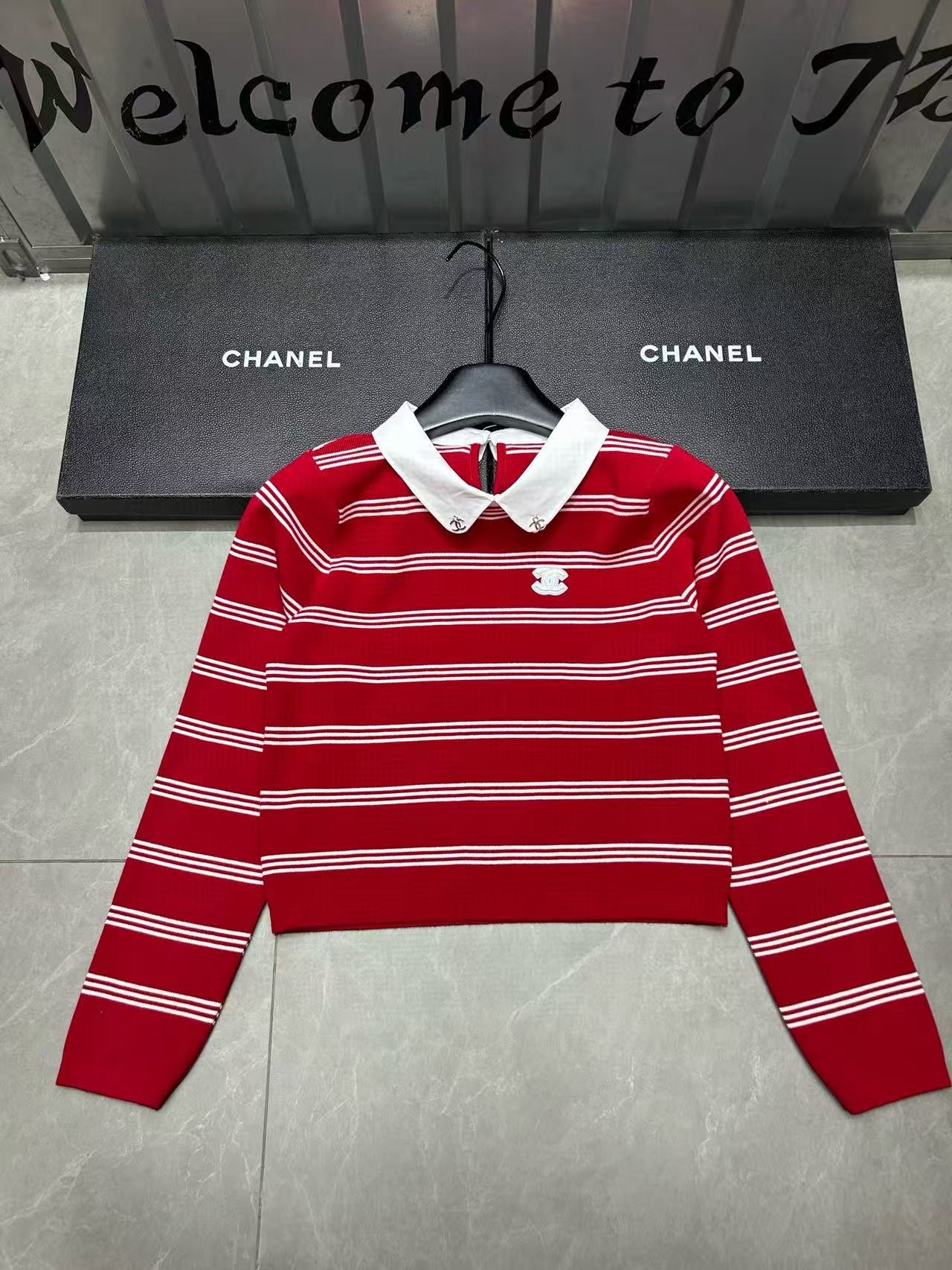 CHANE1 レッドストライプカラーセーター【50％割引+送料無料】