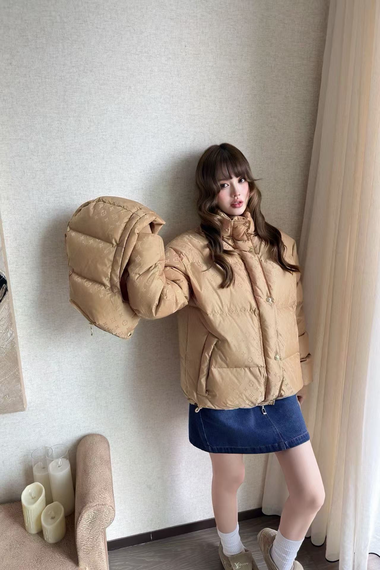 LVフード付きジャカードダウンジャケット【50％割引+送料無料】【50％割引+送料無料】