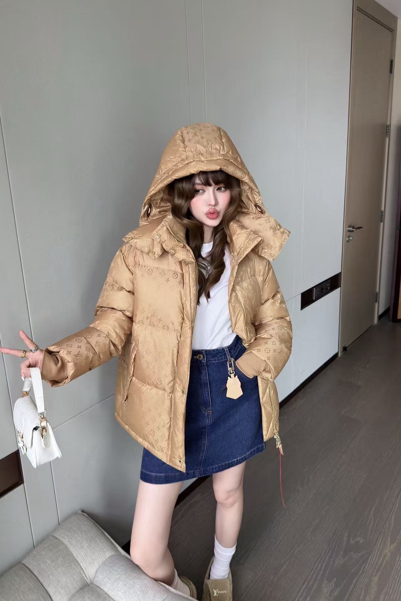 LVフード付きジャカードダウンジャケット【50％割引+送料無料】【50％割引+送料無料】