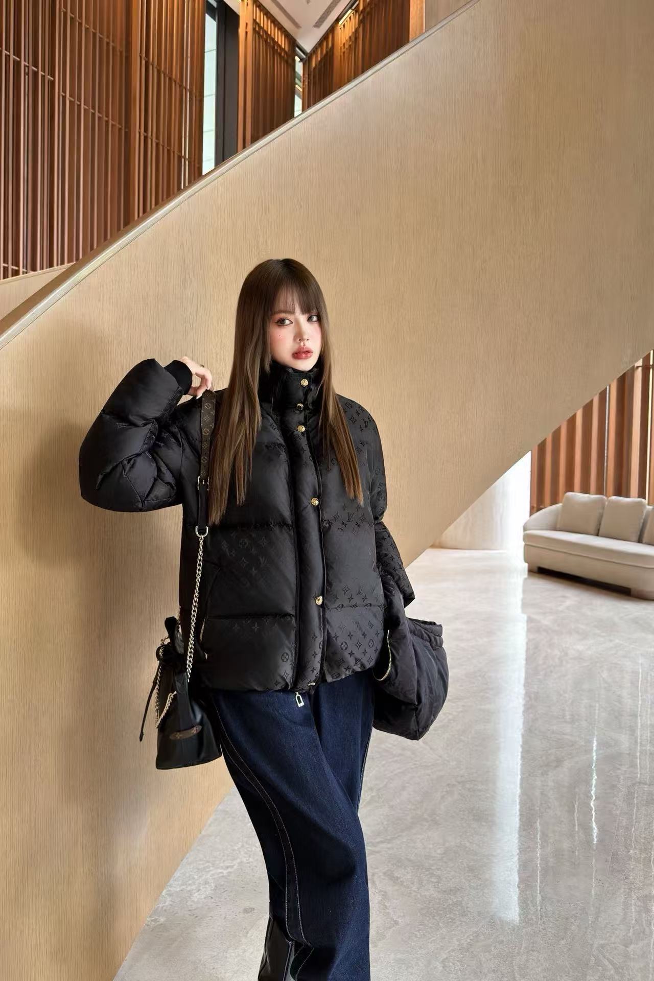 LVフード付きジャカードダウンジャケット【50％割引+送料無料】【50％割引+送料無料】