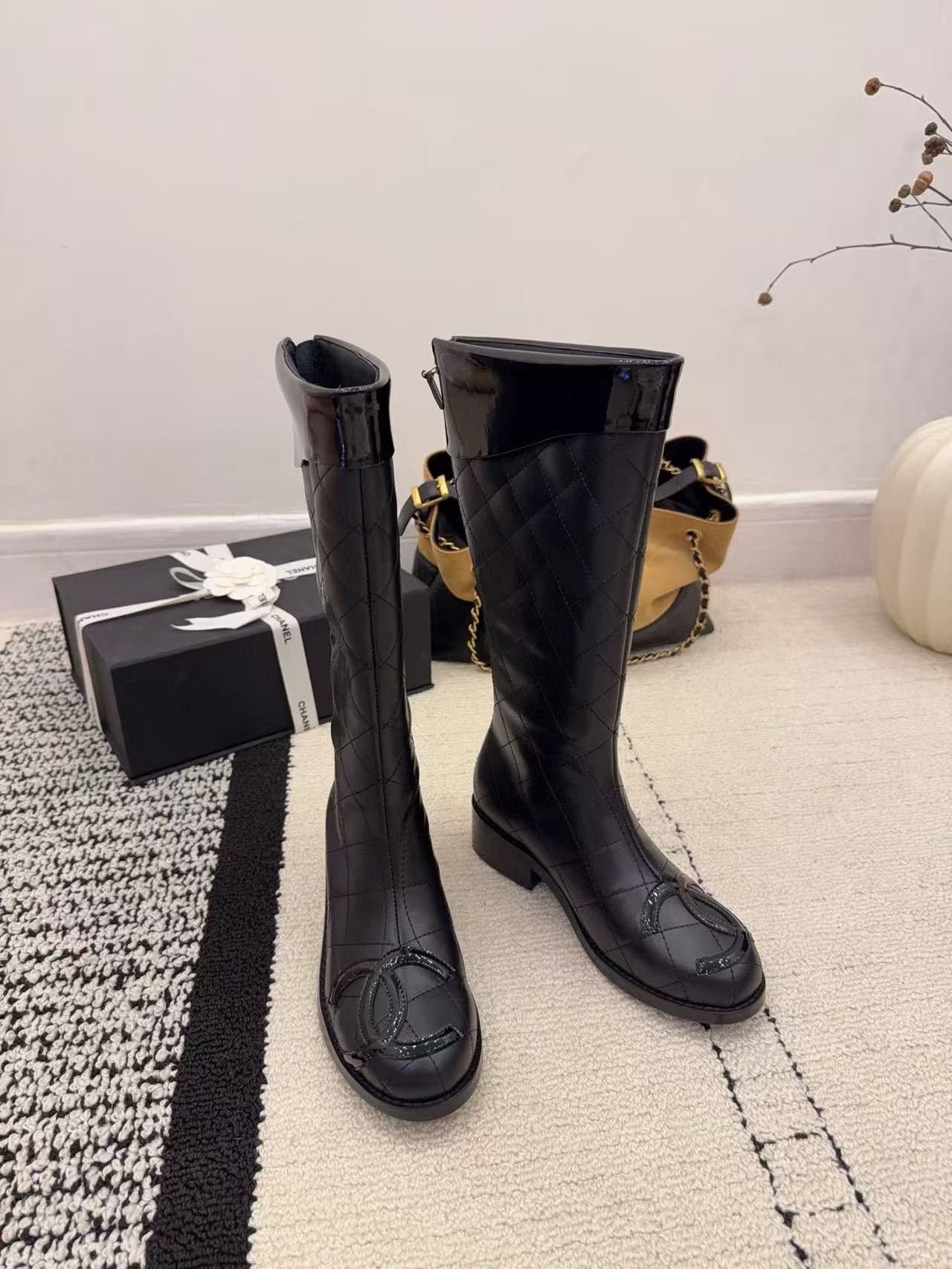 CHANE1 高品質ダブルCチェック柄ニーハイブーツ【50％割引+送料無料】
