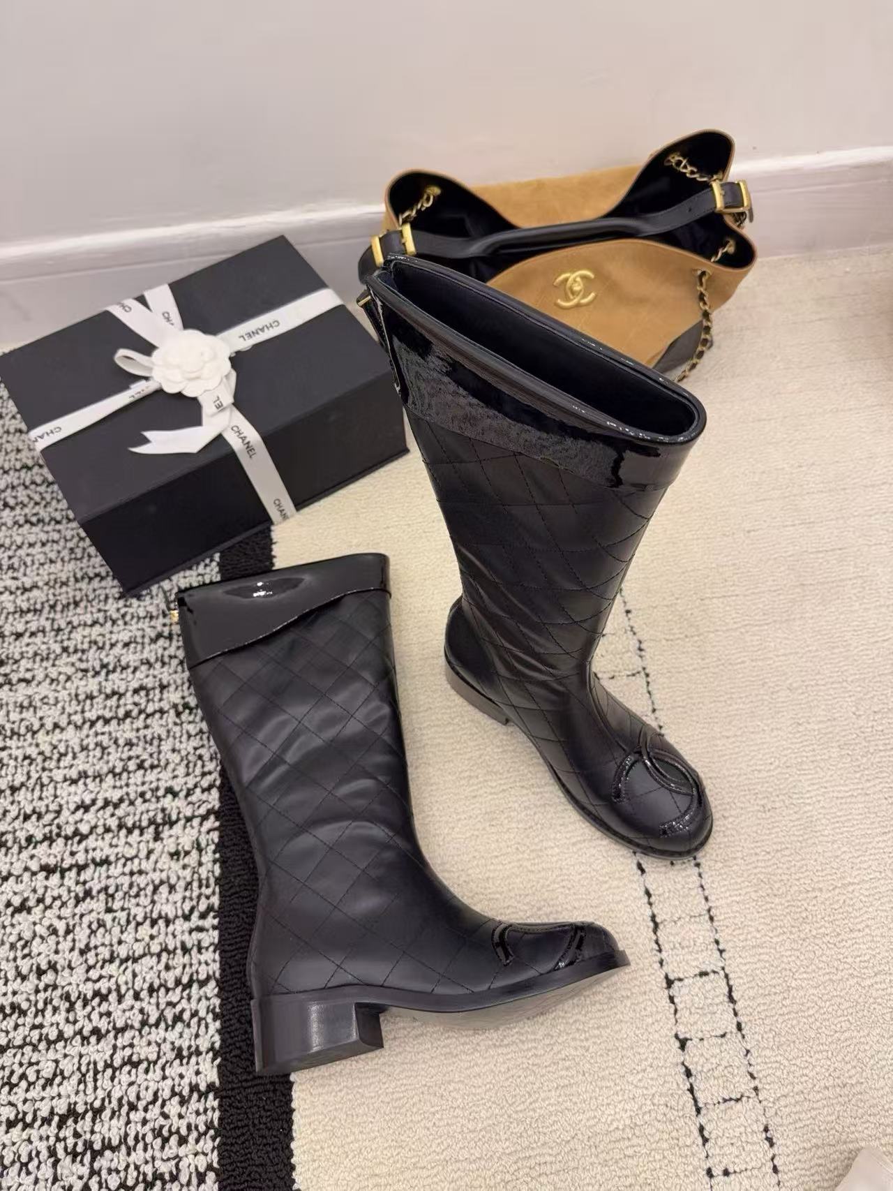 CHANE1 高品質ダブルCチェック柄ニーハイブーツ【50％割引+送料無料】
