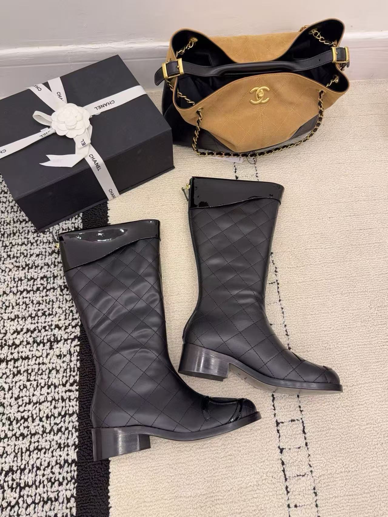 CHANE1 高品質ダブルCチェック柄ニーハイブーツ【50％割引+送料無料】