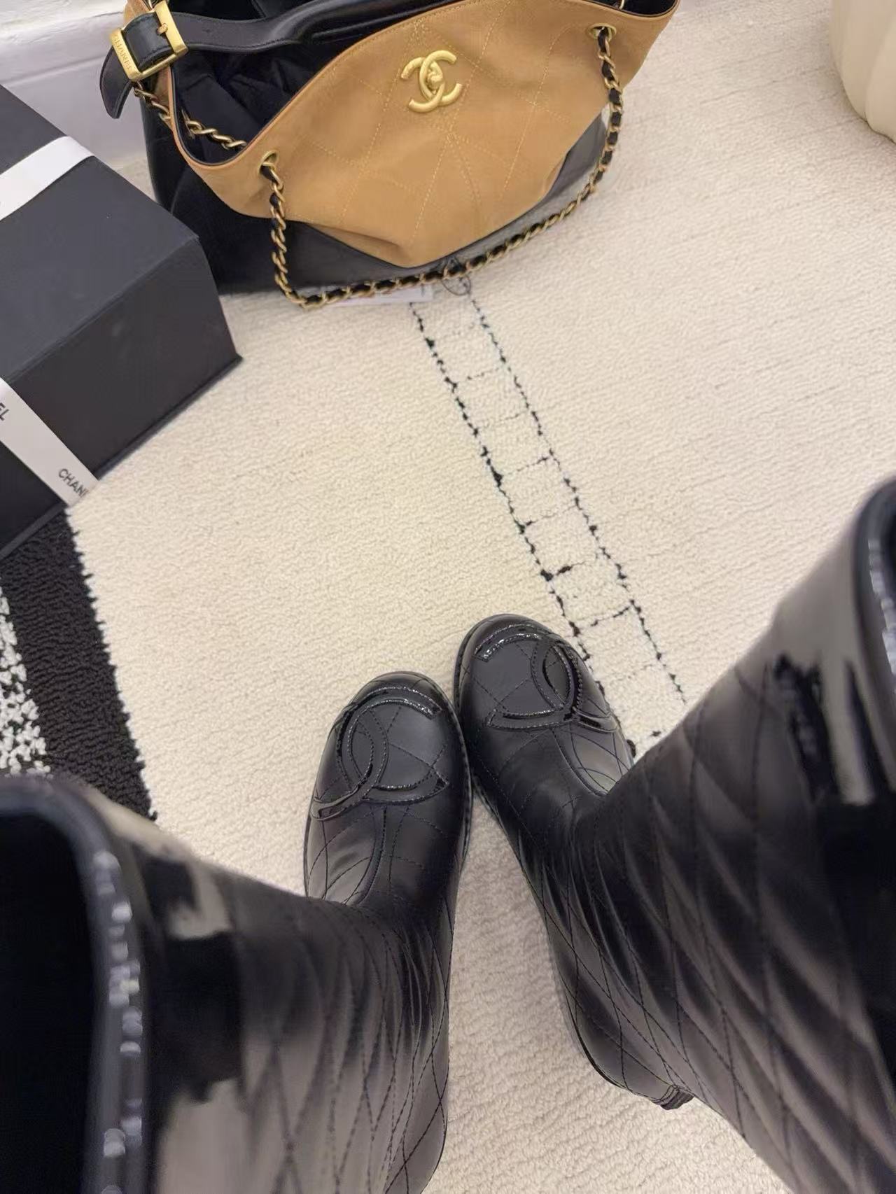 CHANE1 高品質ダブルCチェック柄ニーハイブーツ【50％割引+送料無料】