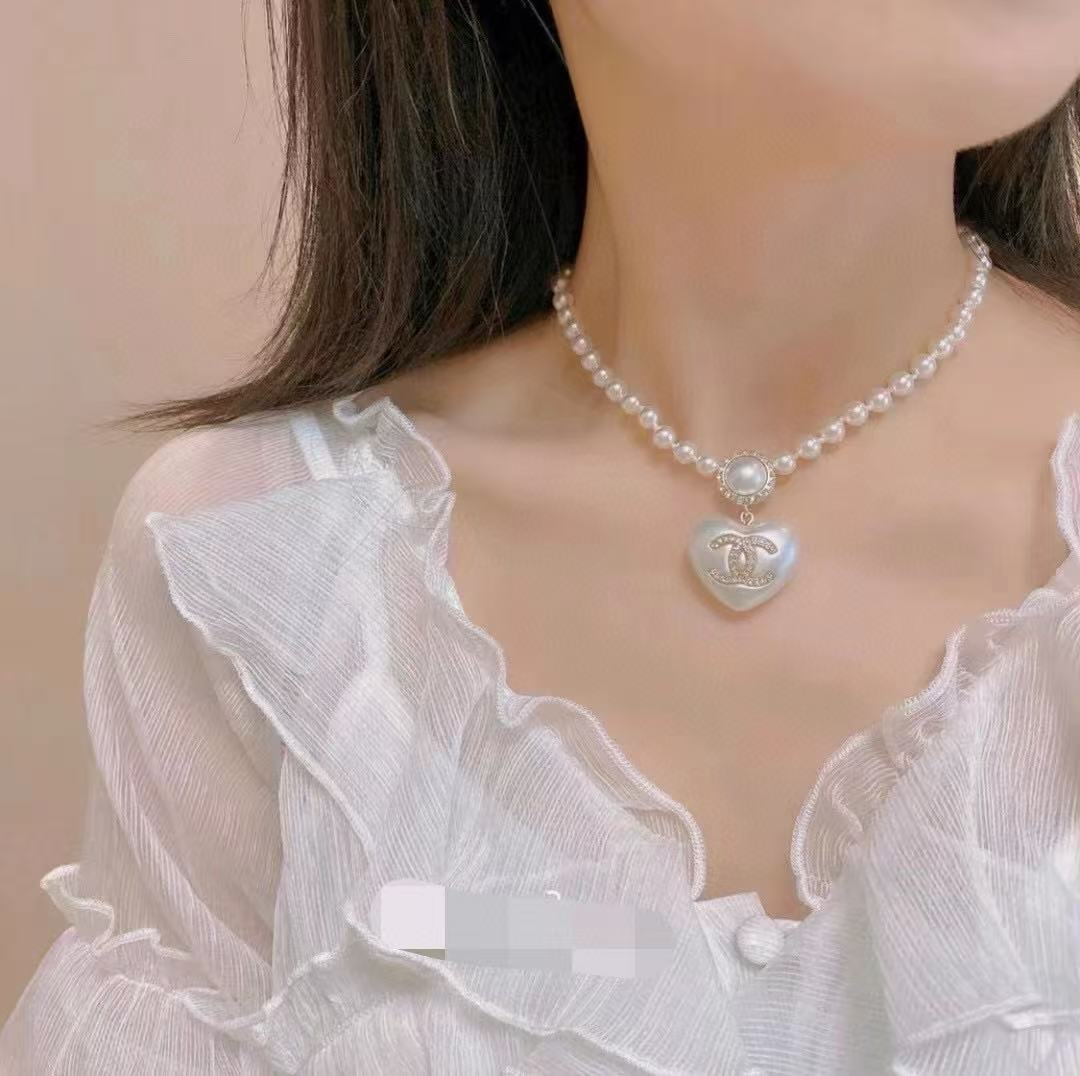 CHANE1 ダブルC ハート パールネックレス【50％割引+送料無料】