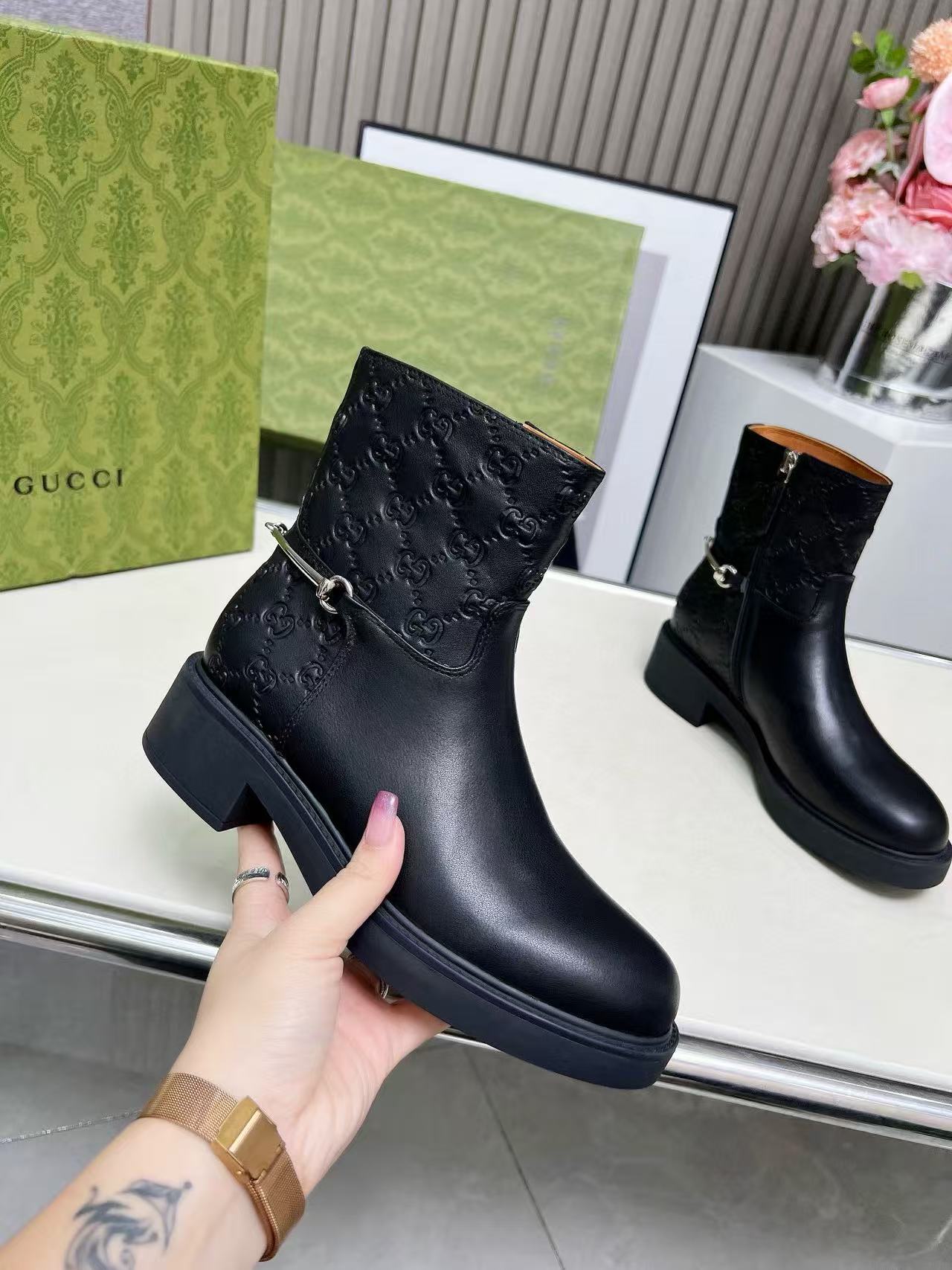 GUCC1 高品質ジャカードホースビットアンクルブーツ【50％割引+送料無料】