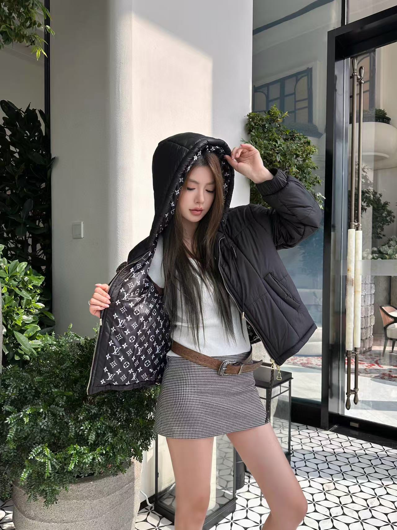 LVの高品質プリントフード付きコットンコート【50％割引+送料無料】