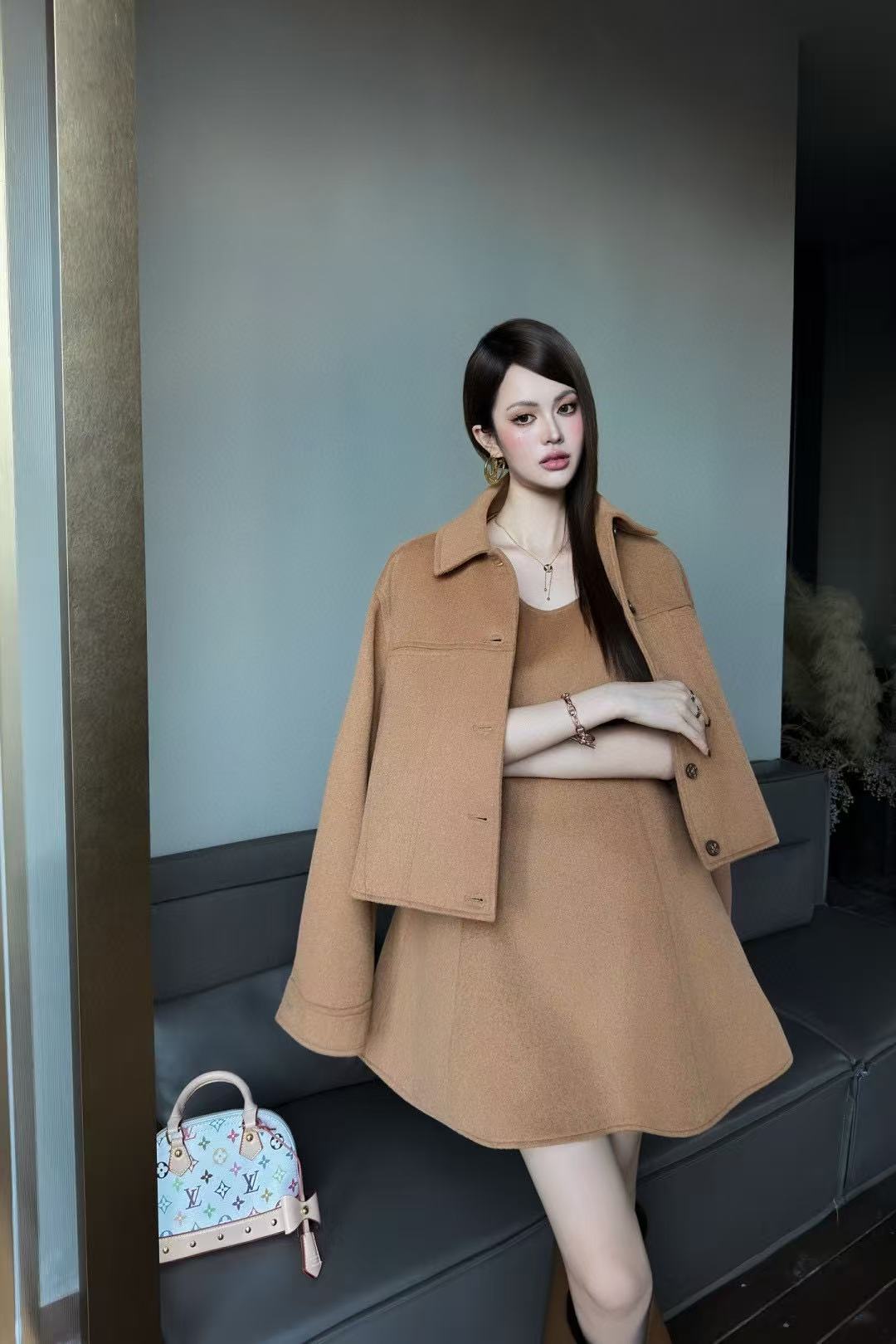 DIOR シンプルウールコート＋ドレス ツーピースセット【50％割引+送料無料】