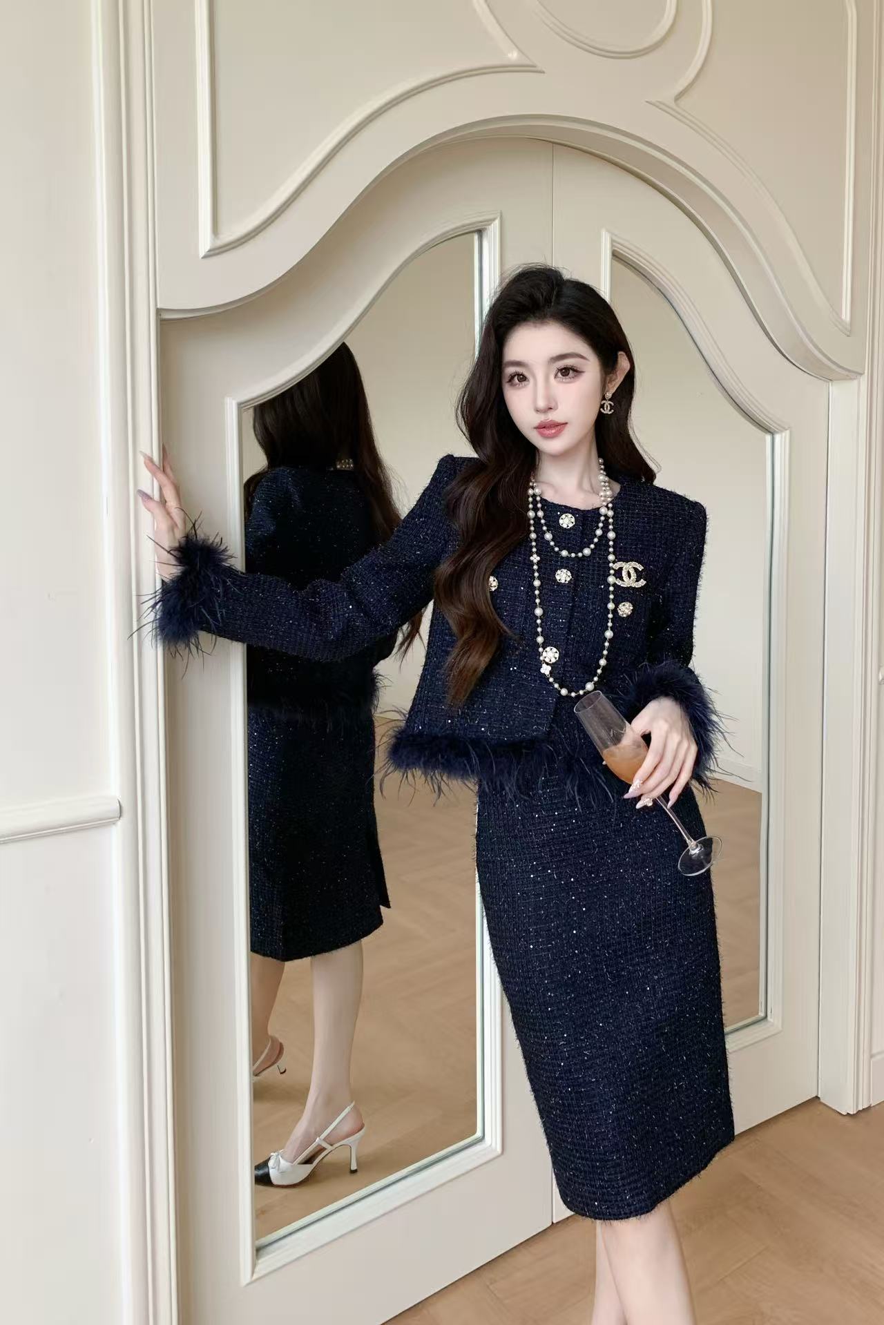 CHANE1 高品質ダブルCブローチジャケット+スカートツーピースセット【50％割引+送料無料】