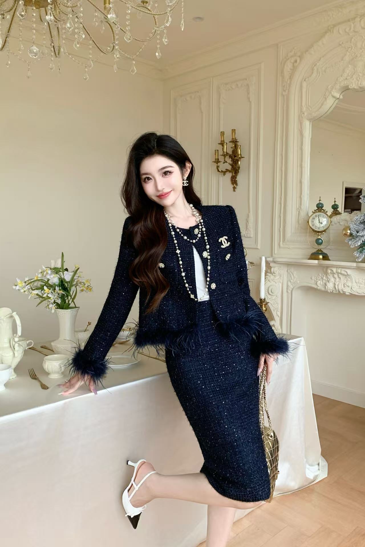 CHANE1 高品質ダブルCブローチジャケット+スカートツーピースセット【50％割引+送料無料】