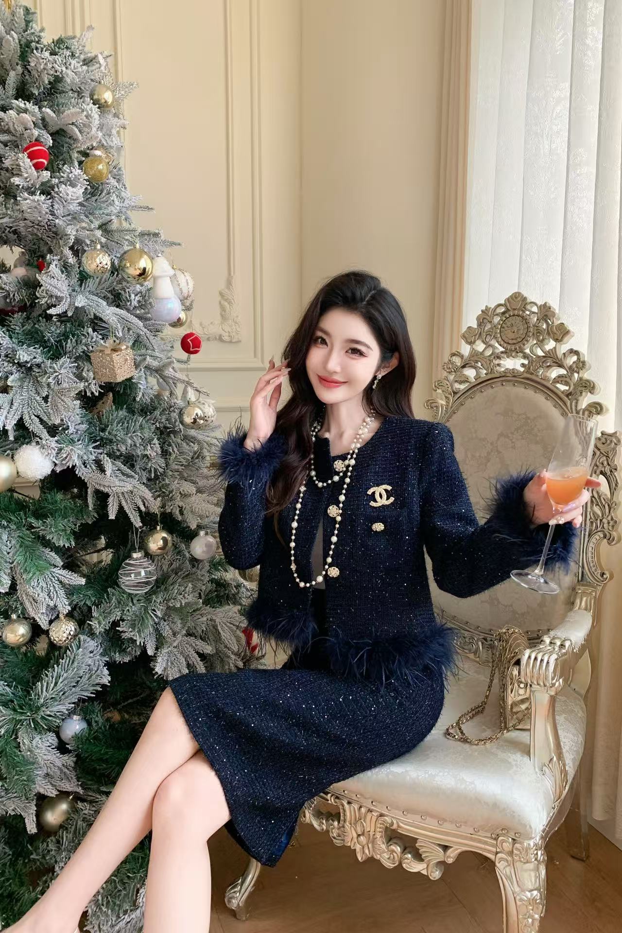 CHANE1 高品質ダブルCブローチジャケット+スカートツーピースセット【50％割引+送料無料】