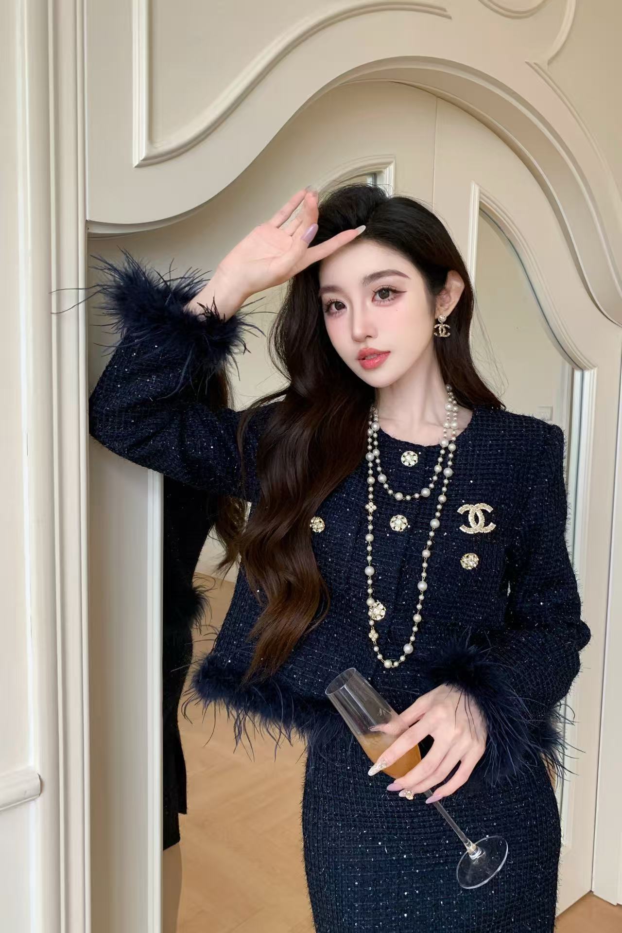 CHANE1 高品質ダブルCブローチジャケット+スカートツーピースセット【50％割引+送料無料】