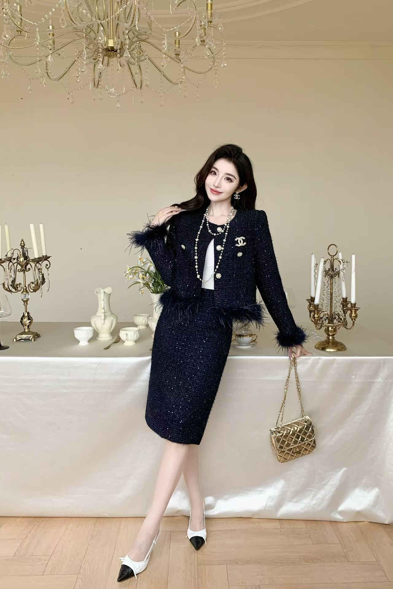 CHANE1 高品質ダブルCブローチジャケット+スカートツーピースセット【50％割引+送料無料】