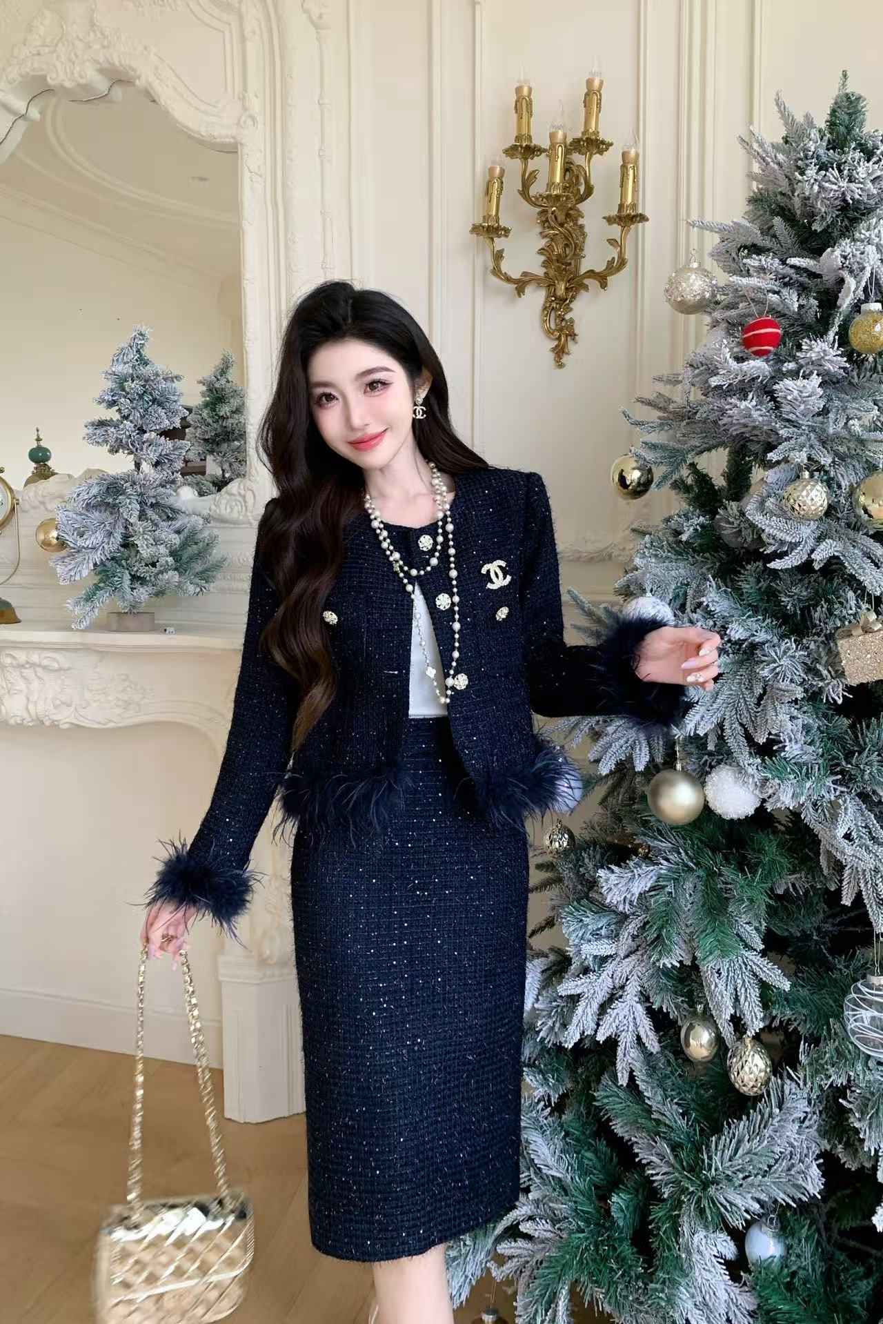 CHANE1 高品質ダブルCブローチジャケット+スカートツーピースセット【50％割引+送料無料】