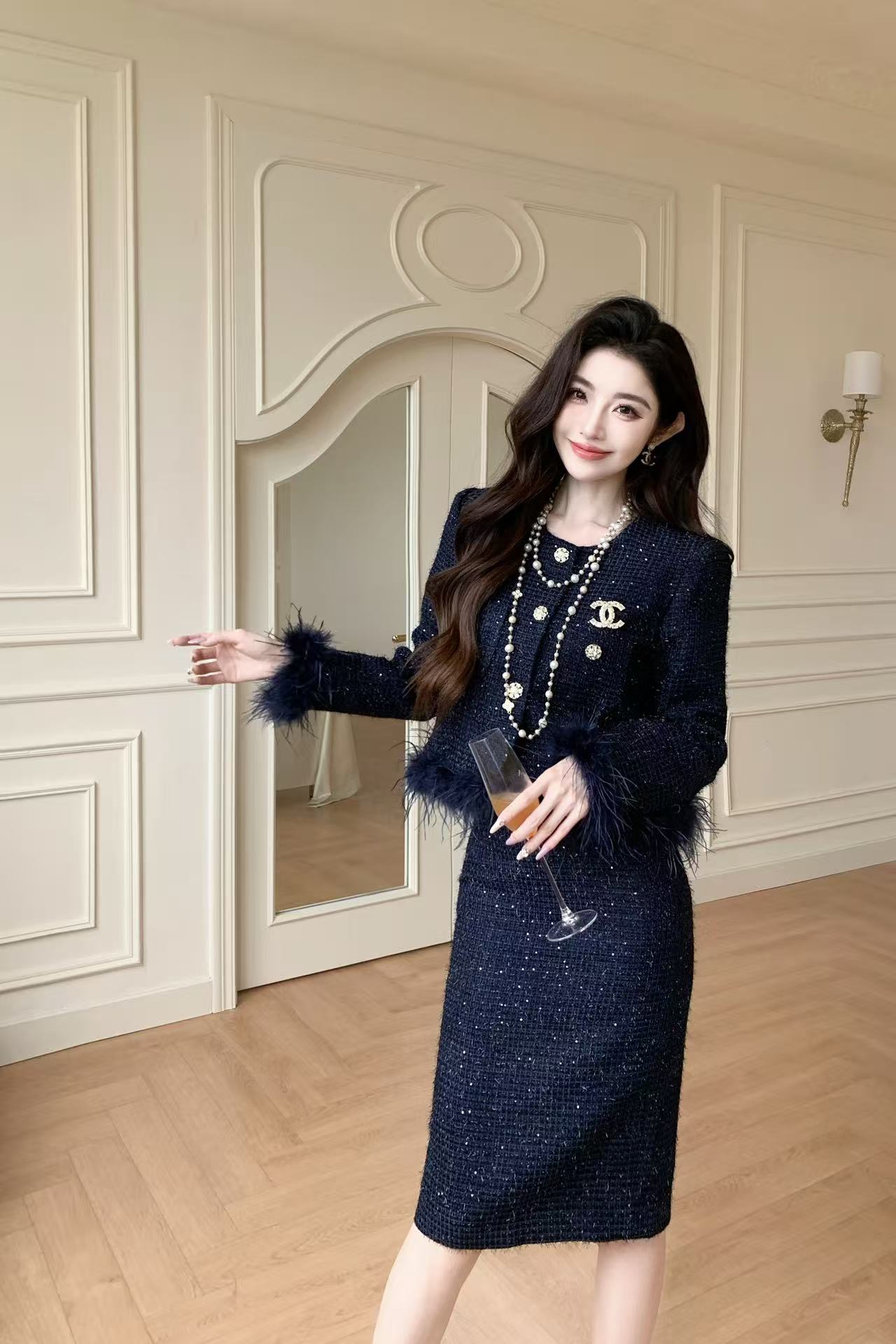 CHANE1 高品質ダブルCブローチジャケット+スカートツーピースセット【50％割引+送料無料】