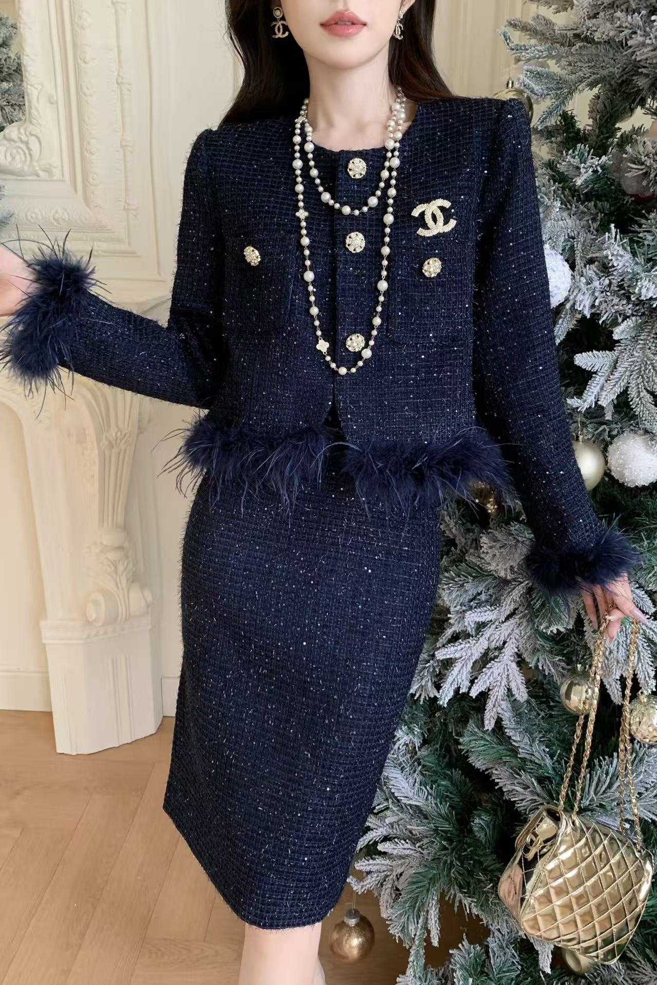 CHANE1 高品質ダブルCブローチジャケット+スカートツーピースセット【50％割引+送料無料】