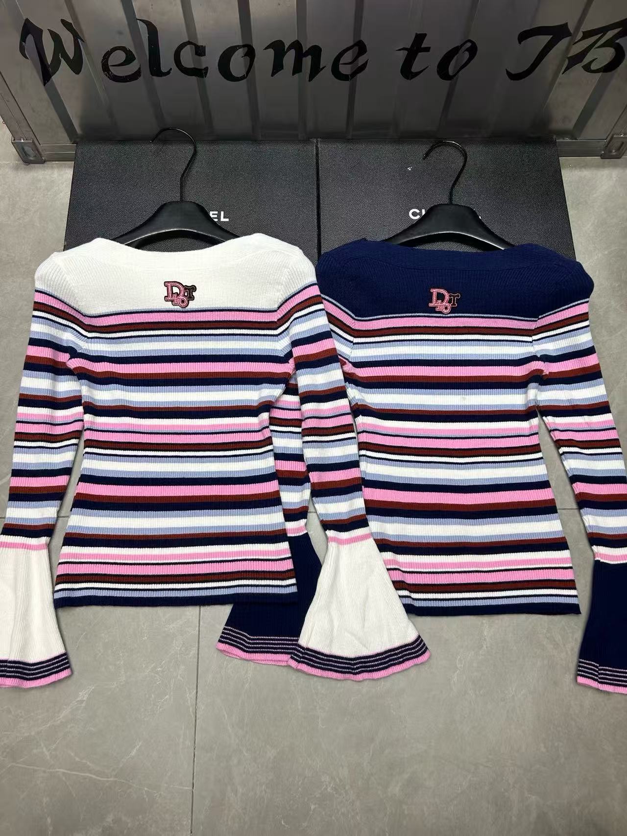 DI0R CD ストライプオフショルダーセーター【50％割引+送料無料】