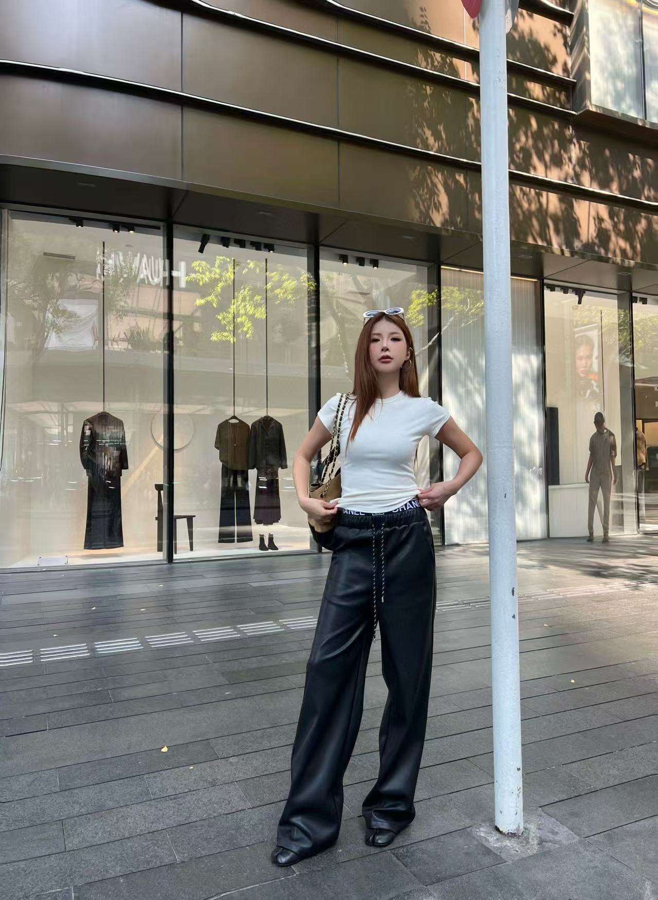 CHANE1 ゴムウエスト レターレザー カジュアルパンツ【50％割引+送料無料】