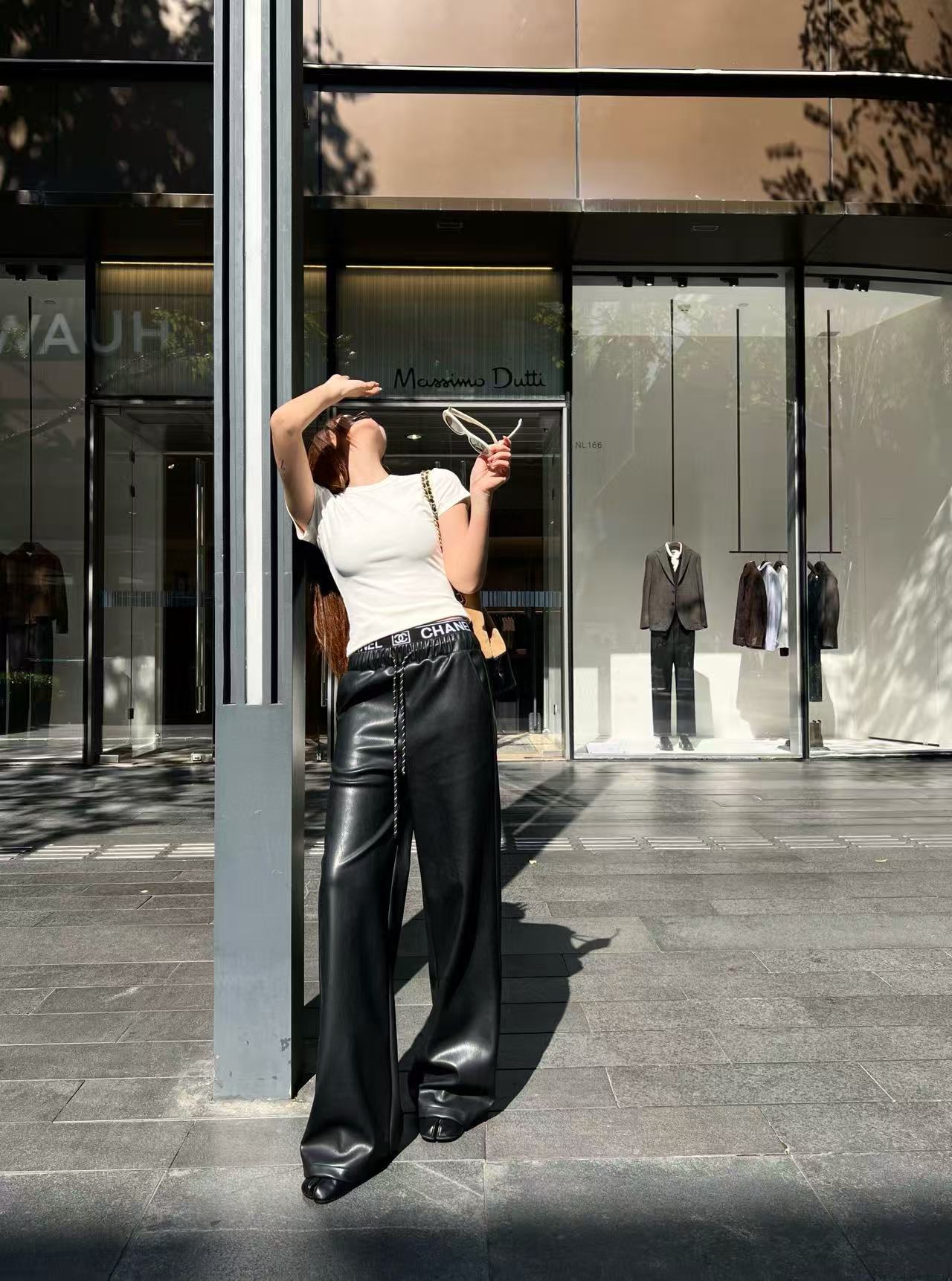 CHANE1 ゴムウエスト レターレザー カジュアルパンツ【50％割引+送料無料】