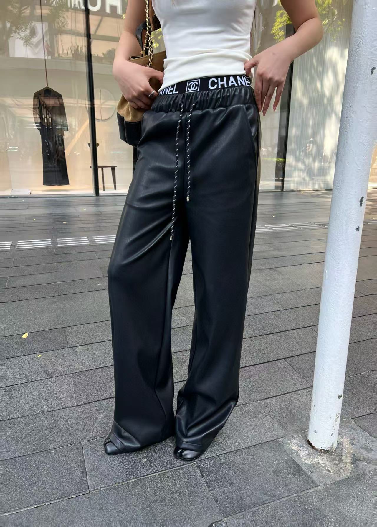 CHANE1 ゴムウエスト レターレザー カジュアルパンツ【50％割引+送料無料】