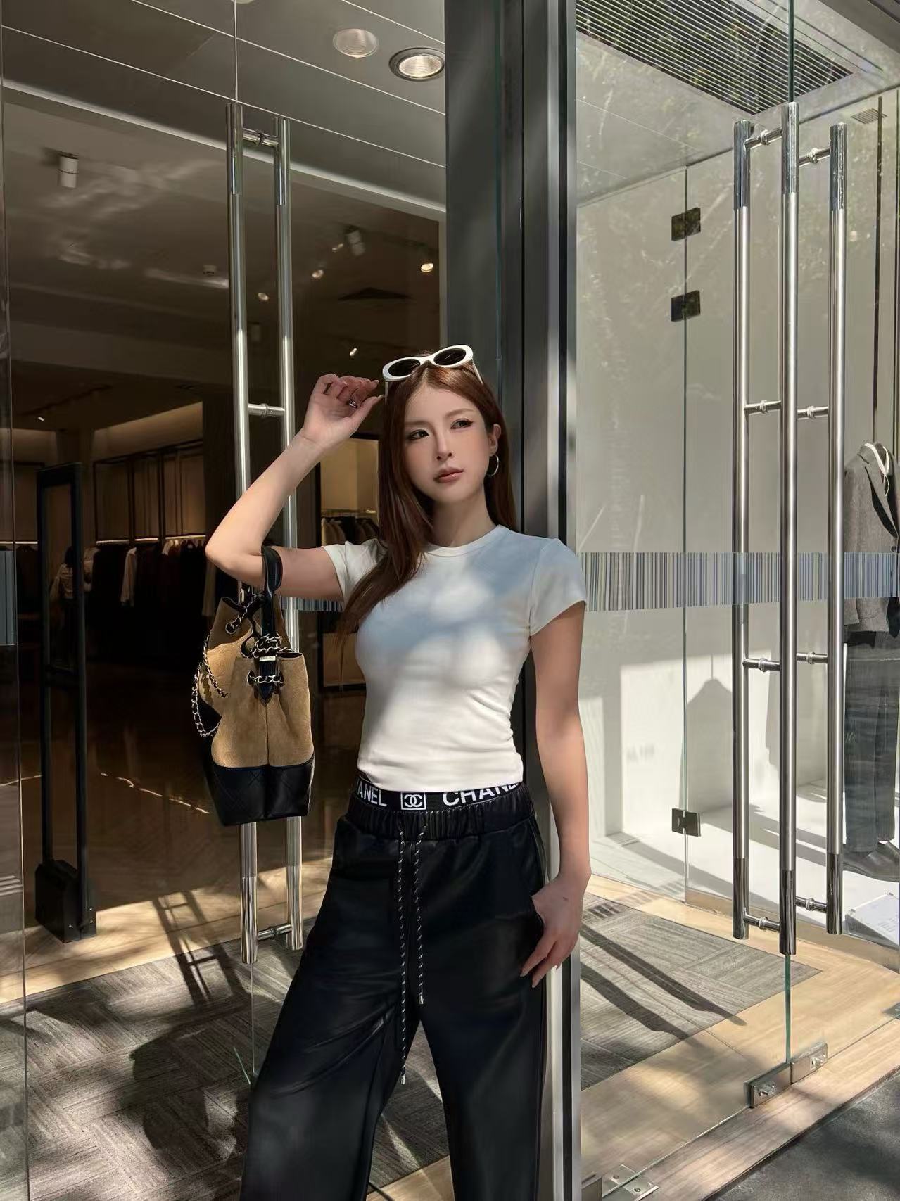 CHANE1 ゴムウエスト レターレザー カジュアルパンツ【50％割引+送料無料】