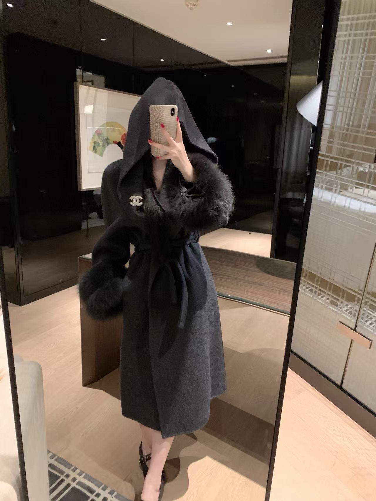 CHANE1 両面カシミヤ ロングコート ブローチ付き【50％割引+送料無料】