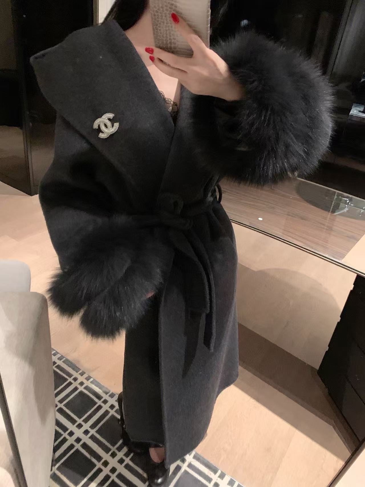 CHANE1 両面カシミヤ ロングコート ブローチ付き【50％割引+送料無料】