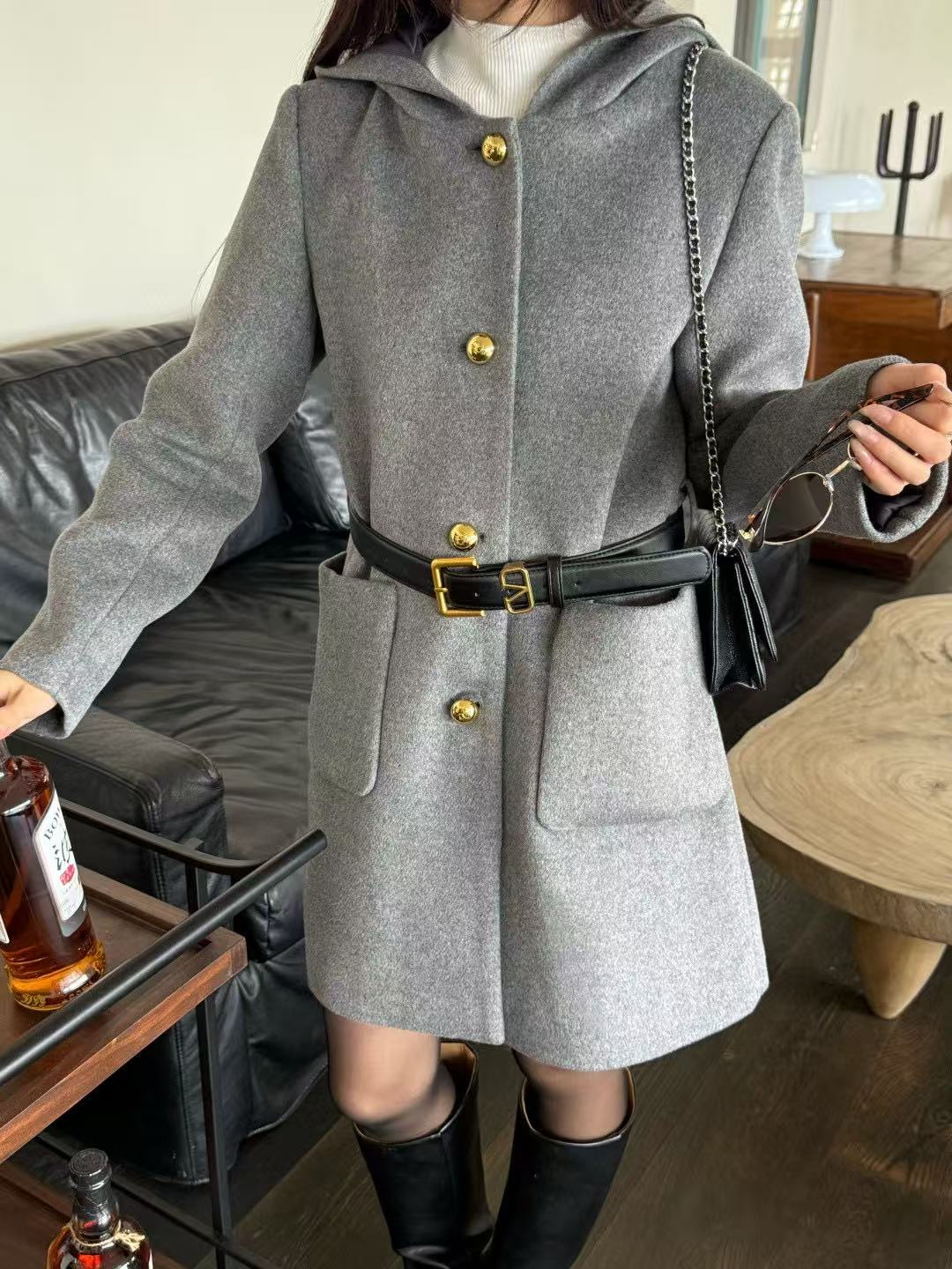 VALENT1NO メタルボタン フード付きウールコート【50％割引+送料無料】